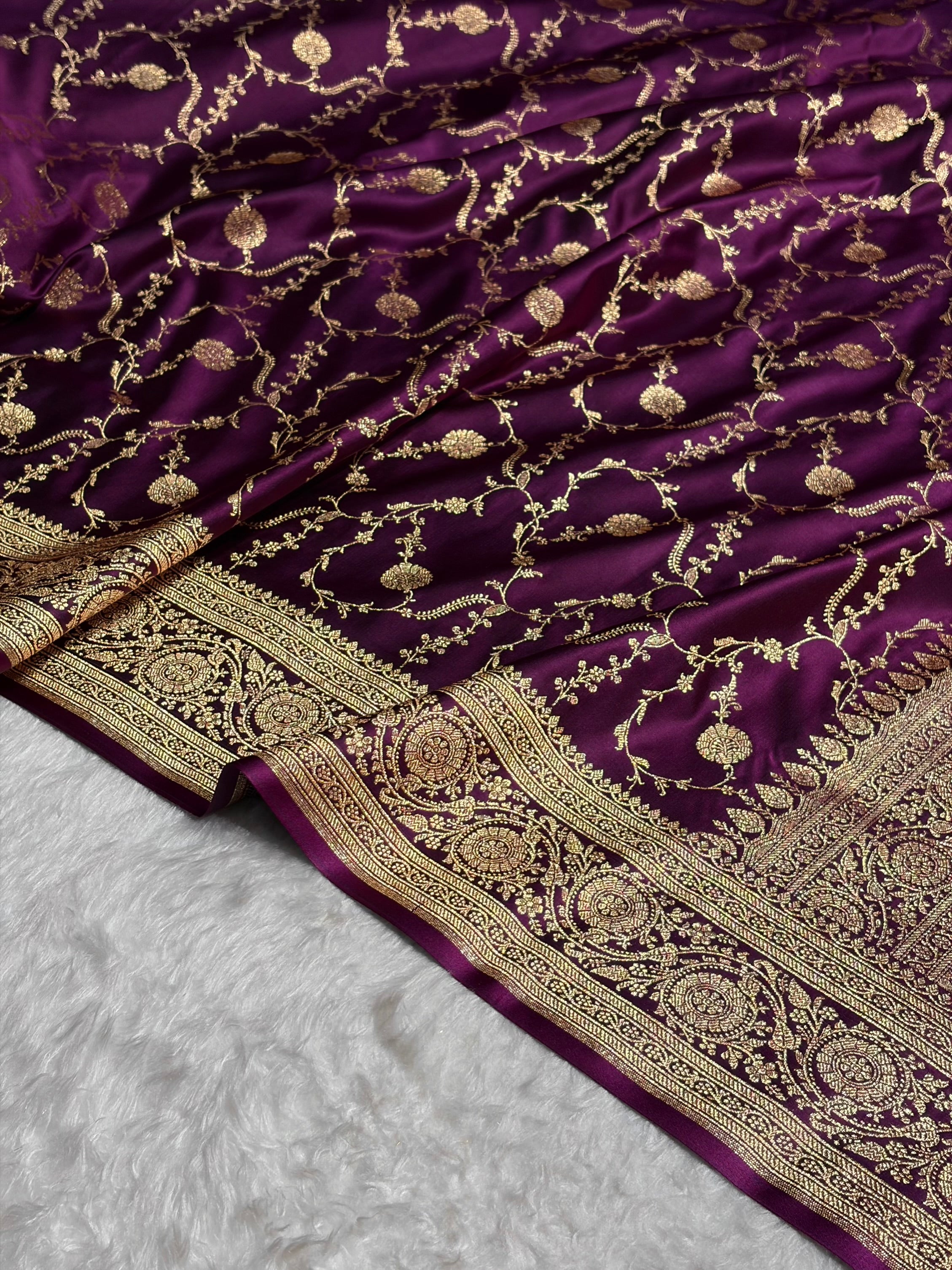 Banarasi Satin Katan Saree in Jaal Pattern Wine Shades SK86