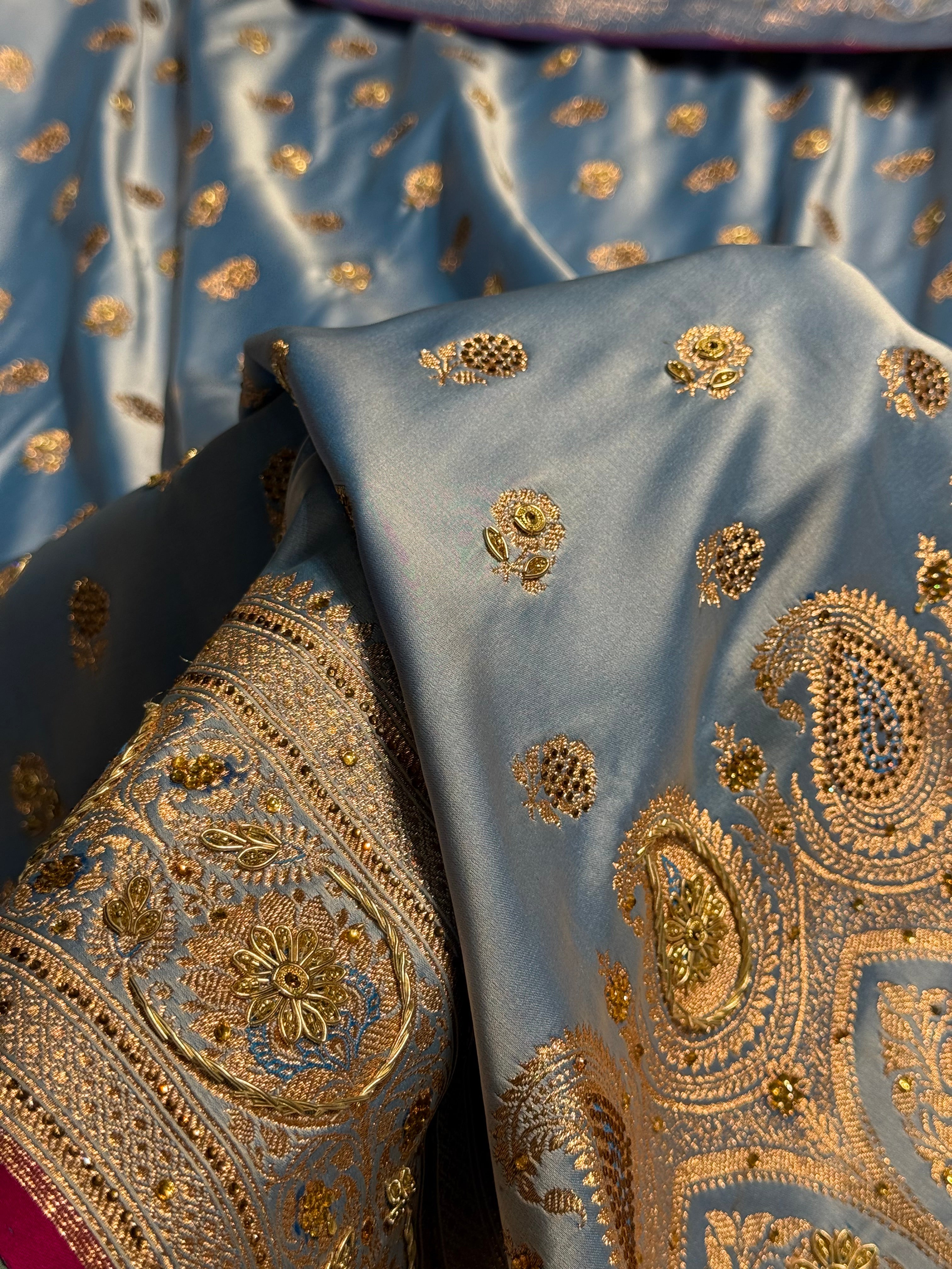 Powder Blue Shades Booti Katan Silk Saree with Stone & Zardozi Work BSK12