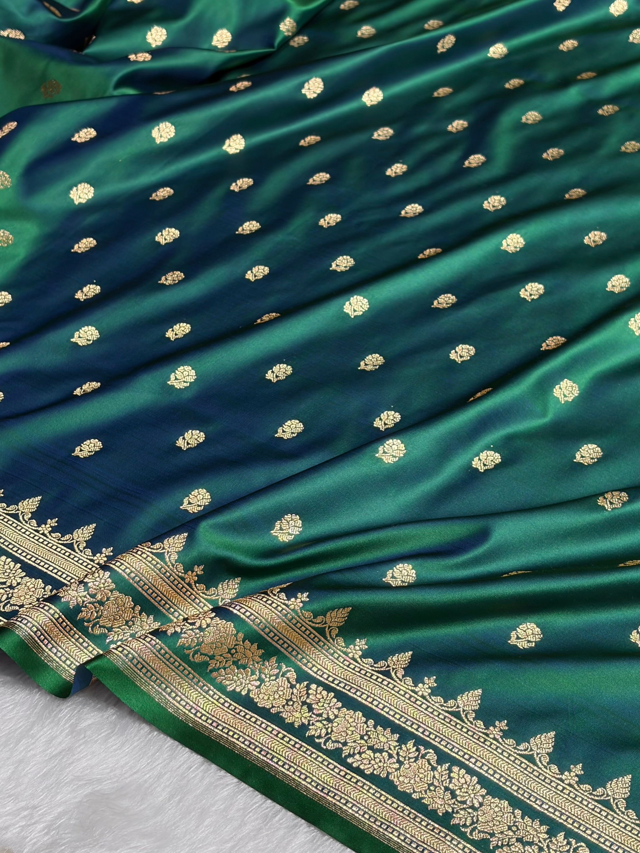 Cross Green Floral Pattern Satin Katan Silk Saree SK76