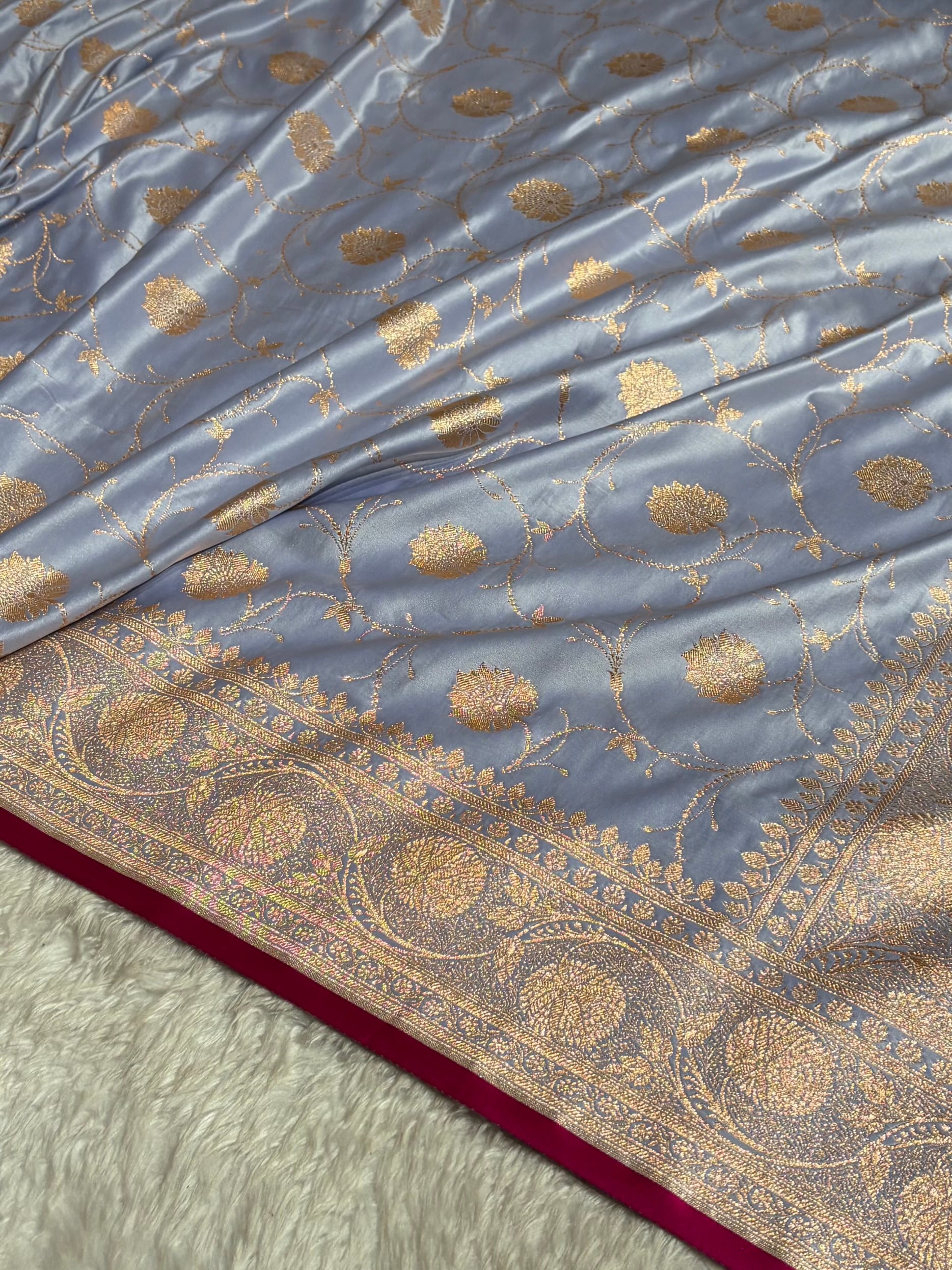 Powder Lavender Banarasi Jaal Satin Katan Silk Saree SK06
