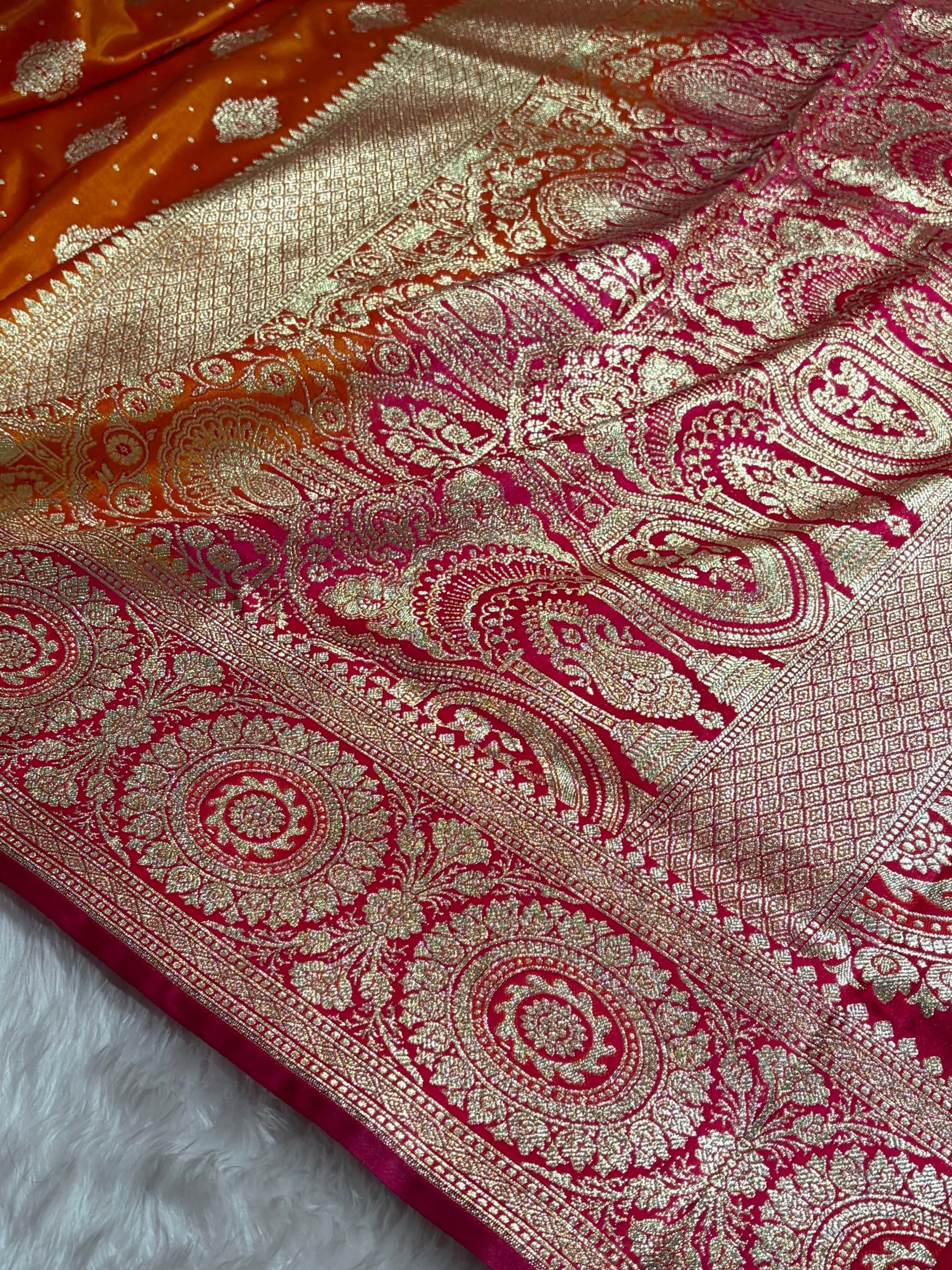 Satin Silk Unique Booti in Contrast Fire Gold With Rani Shades