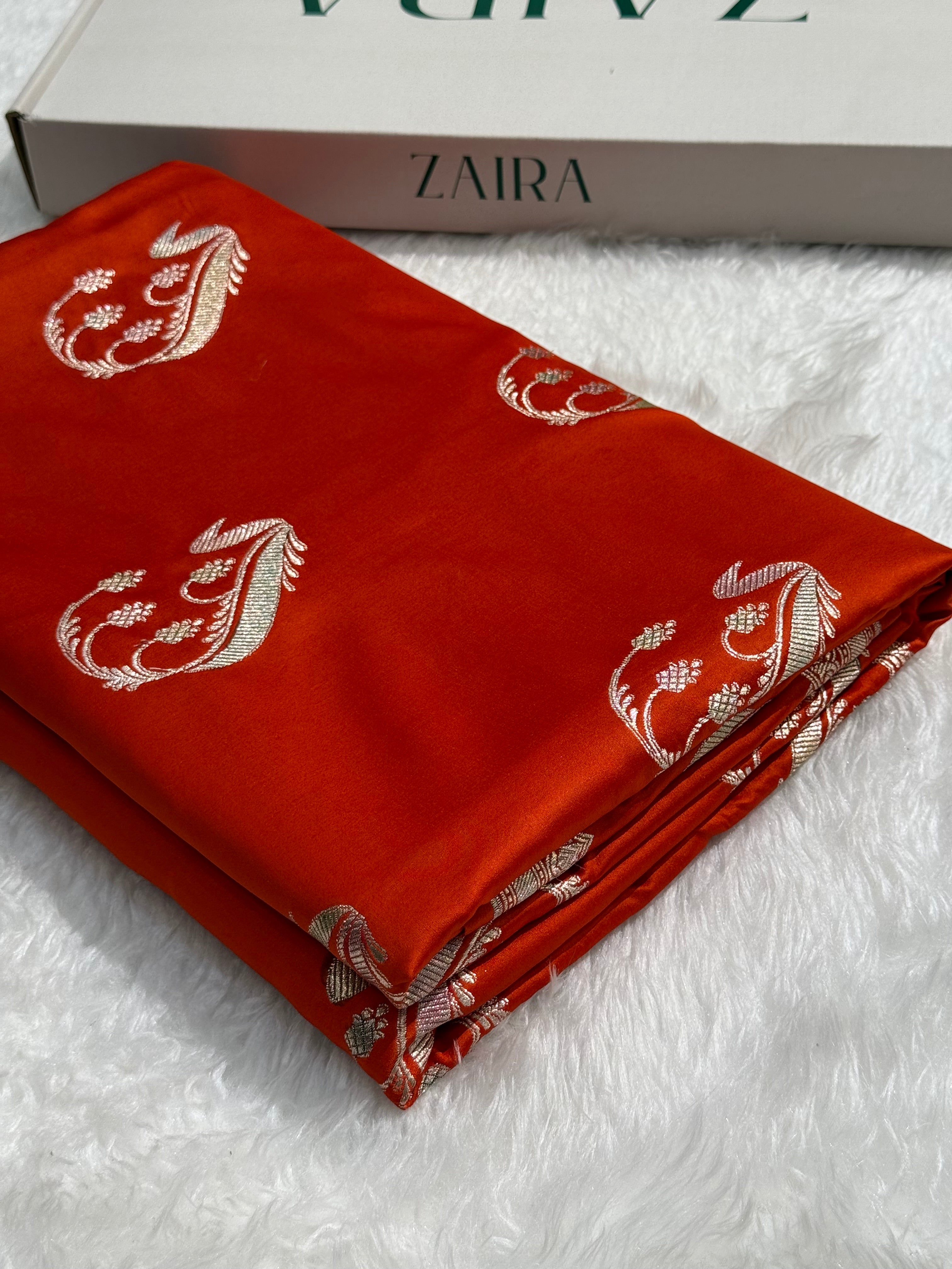 Rust Orange Unique Boota Motif Mashru Silk Saree