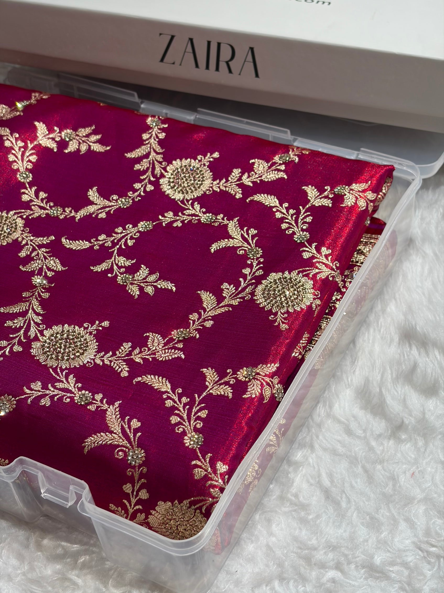 Light Weight Reddish Magenta Satin Silk Saree with Swarovski work BSS14