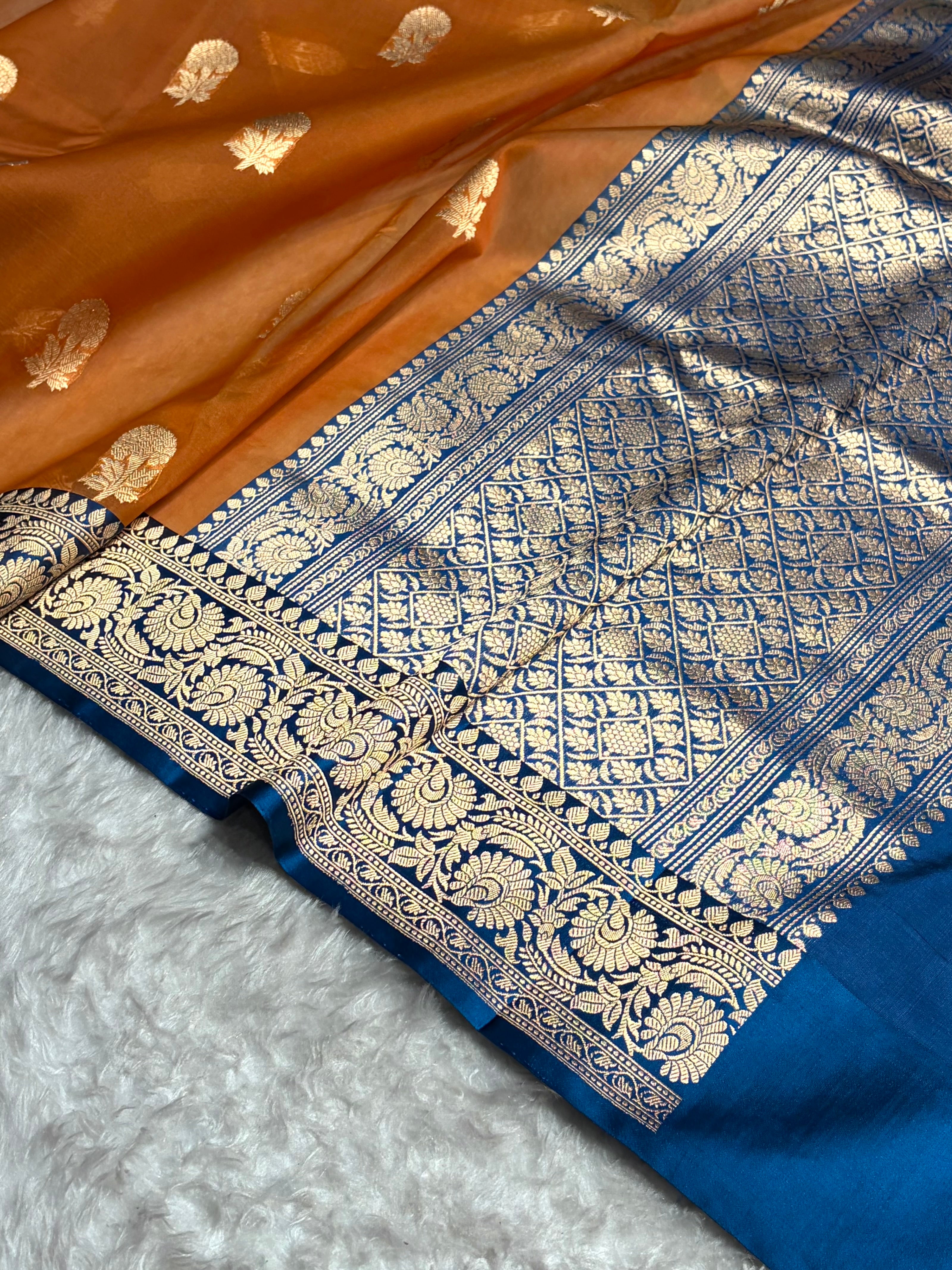 Contrast Banarasi Pure Organza Orange With Royal Blue Floral Banarasi Silk Saree PO-09