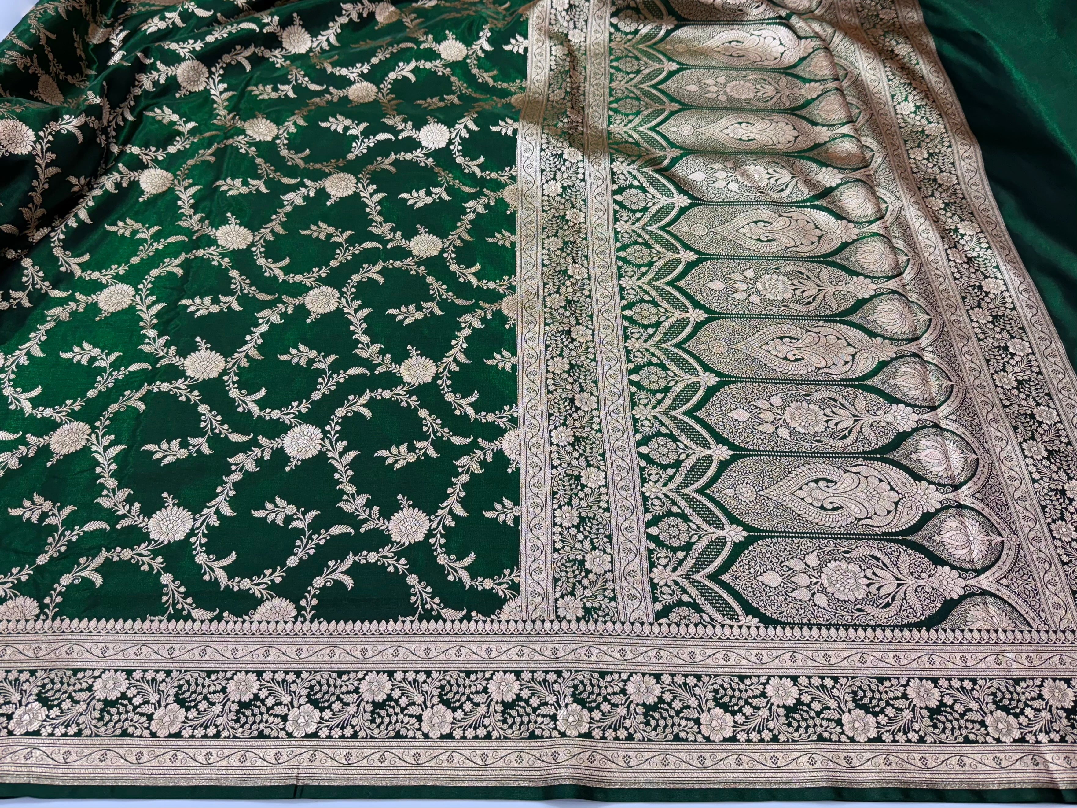 Ultra Light Weight Satin Silk Jaal in Bottle Green Shades SS14