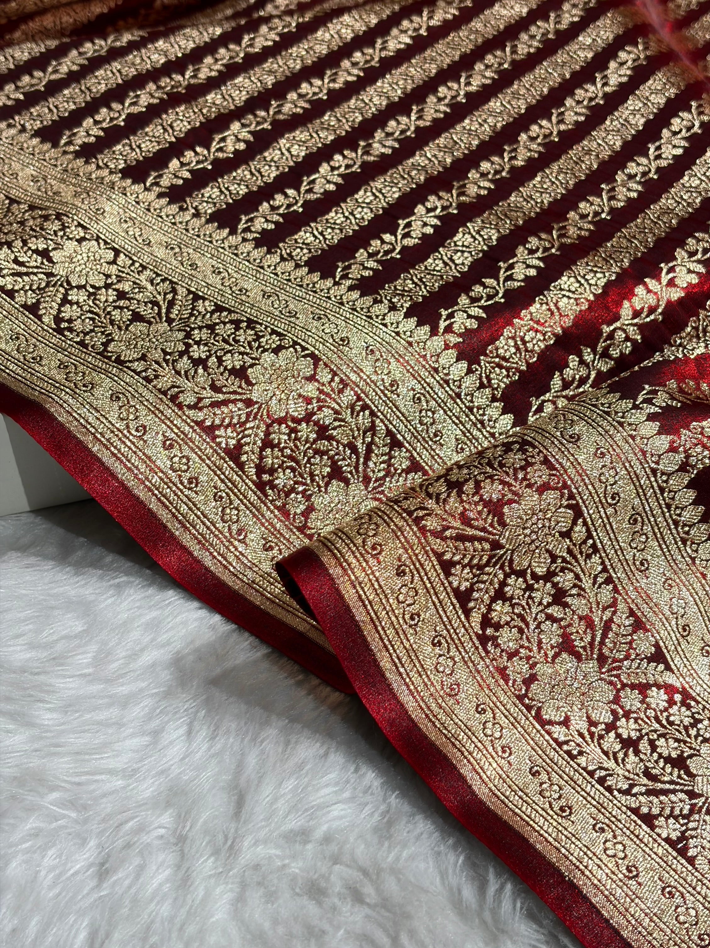 Maroon Shades Stripe Pattern Banarasi Satin Silk Saree SS46