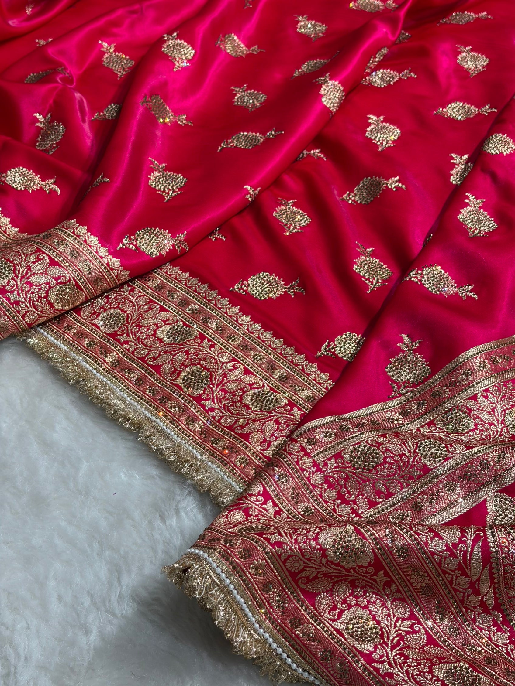 Satin Silk Saree Floral Boota With Swarovski & Gotta Patti Work in Cross Rani Shades BSSGP26