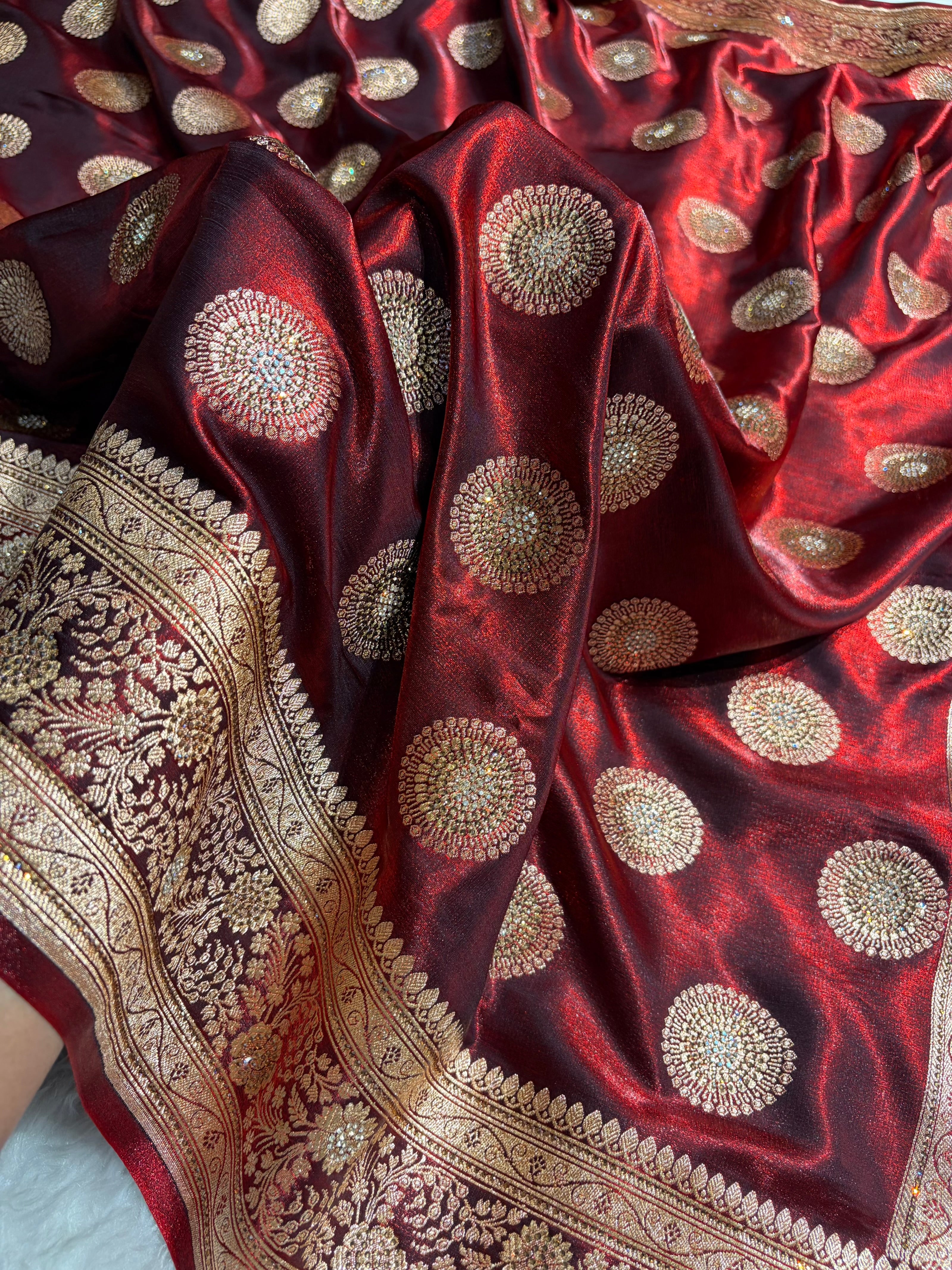 Maroon Shades Banarasi With Swarovski Stone Work Satin Silk Saree BSS33