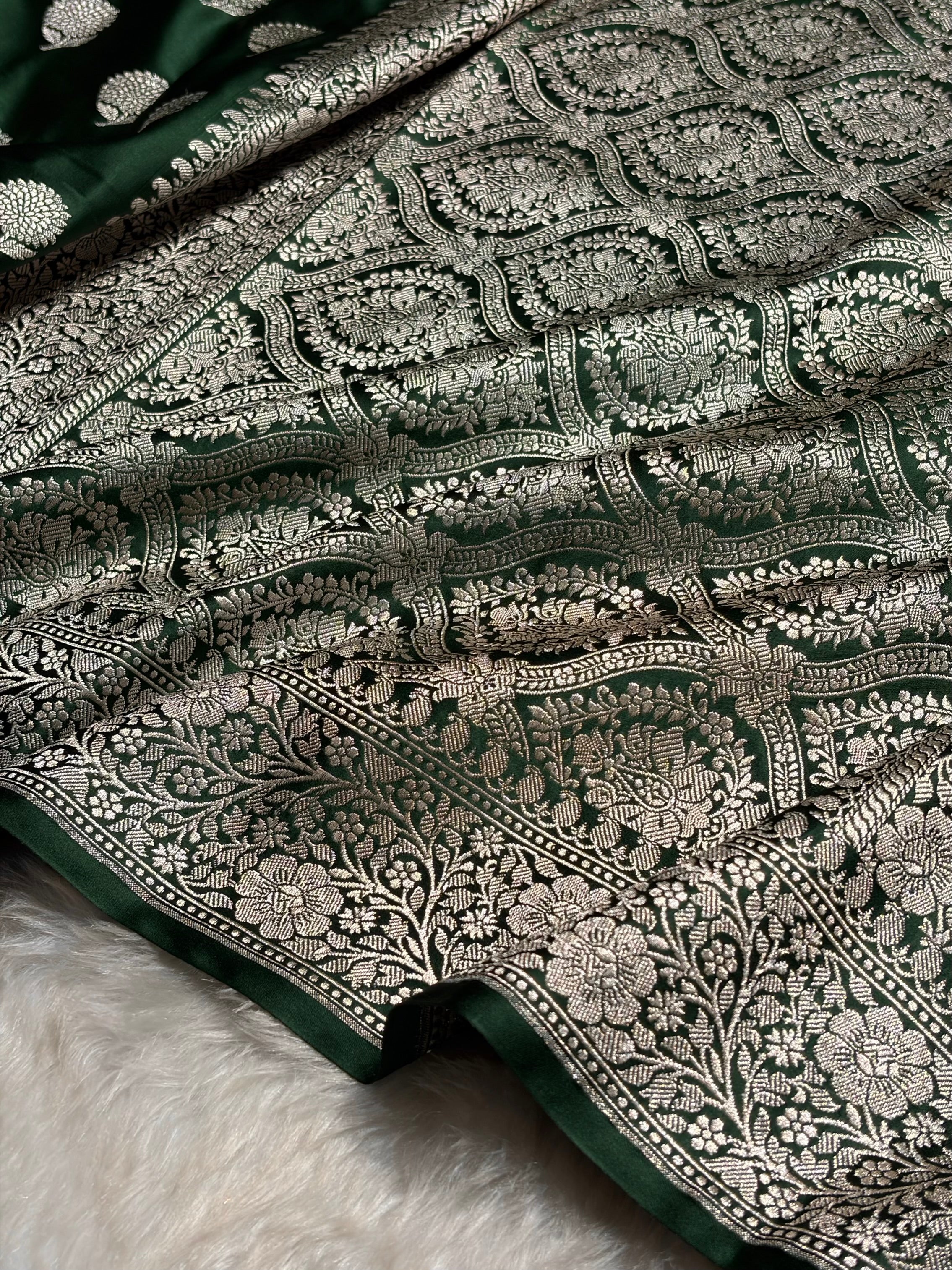 Bottle Green Tree Boota Minakari Mashru Silk Saree MS19