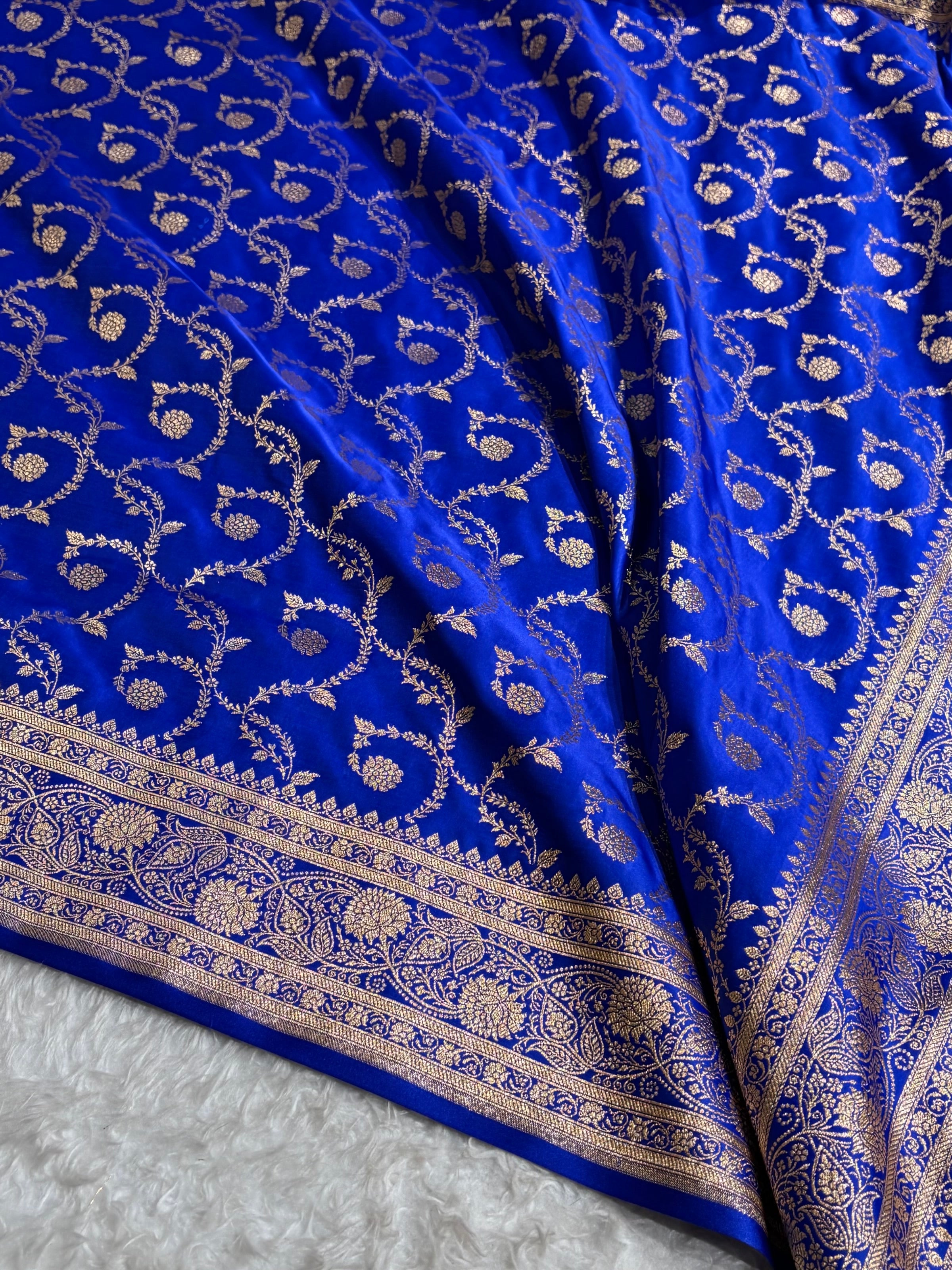Royal Blue Shades Floral Jaal Pattern Satin Katan Silk saree SK55