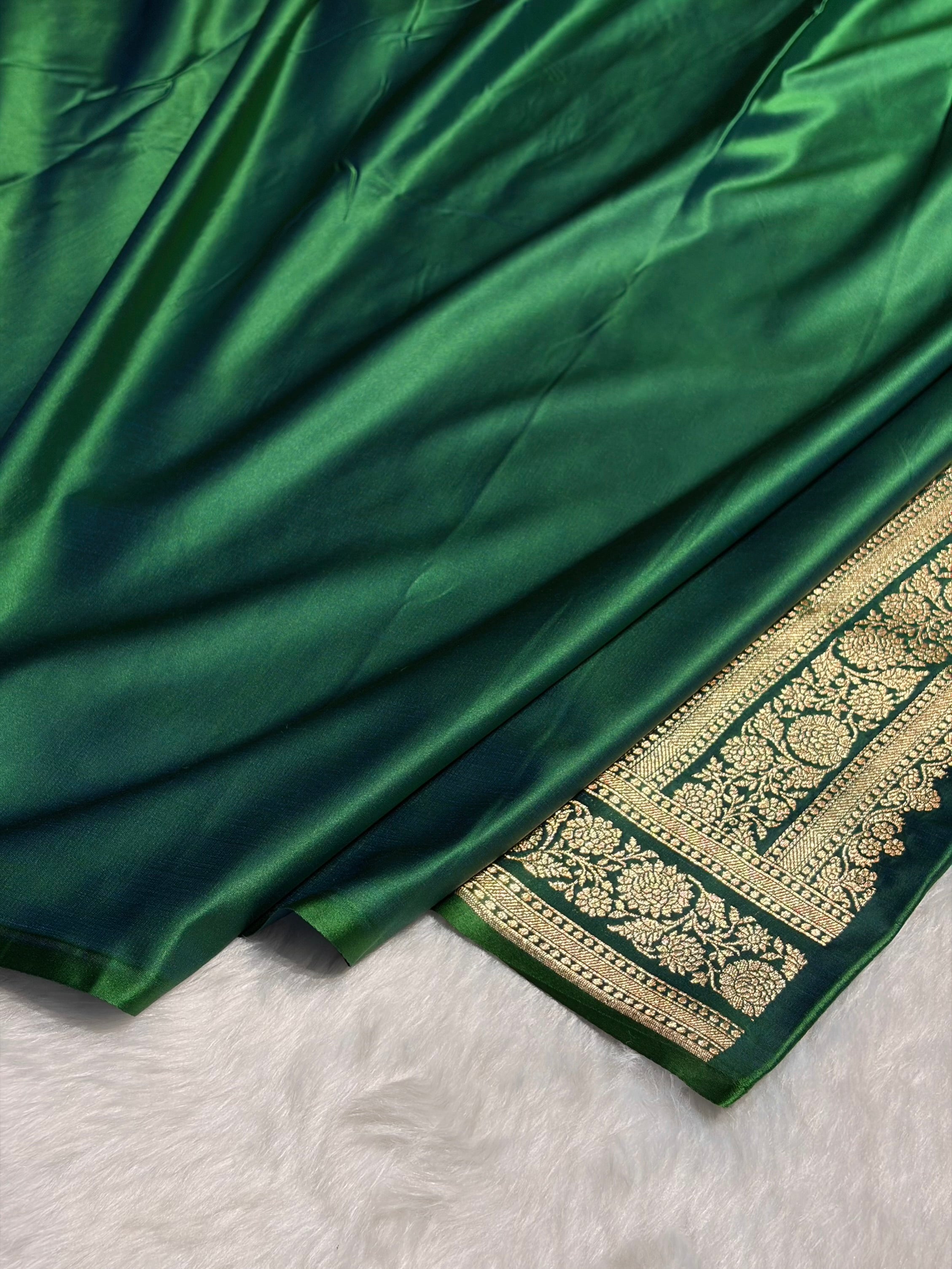 Cross Green Shades Booti Pattern Satin Katan Silk Saree SK51