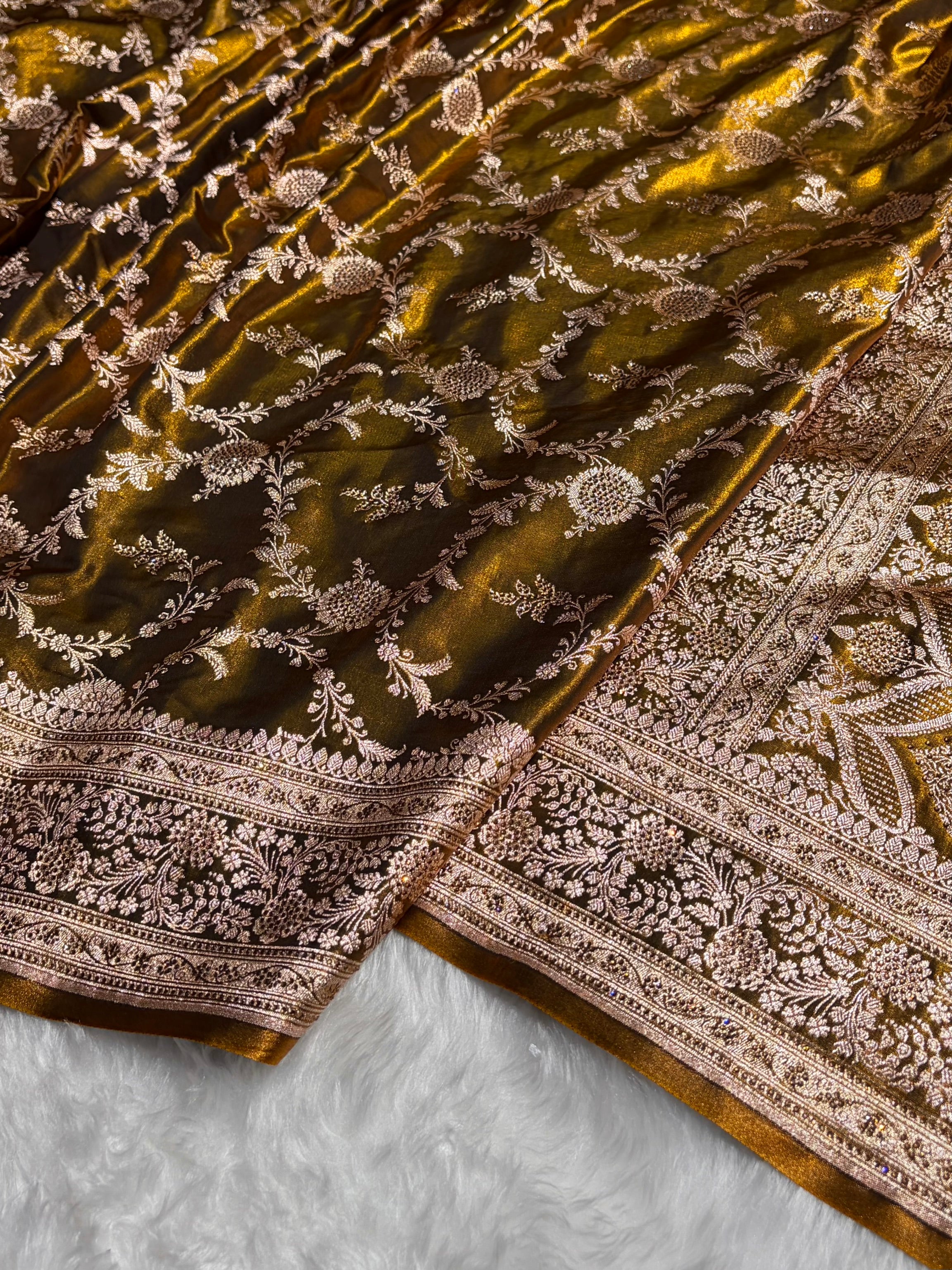 Light Weight Mehendi Satin Silk Saree with Swarovski work BSS14