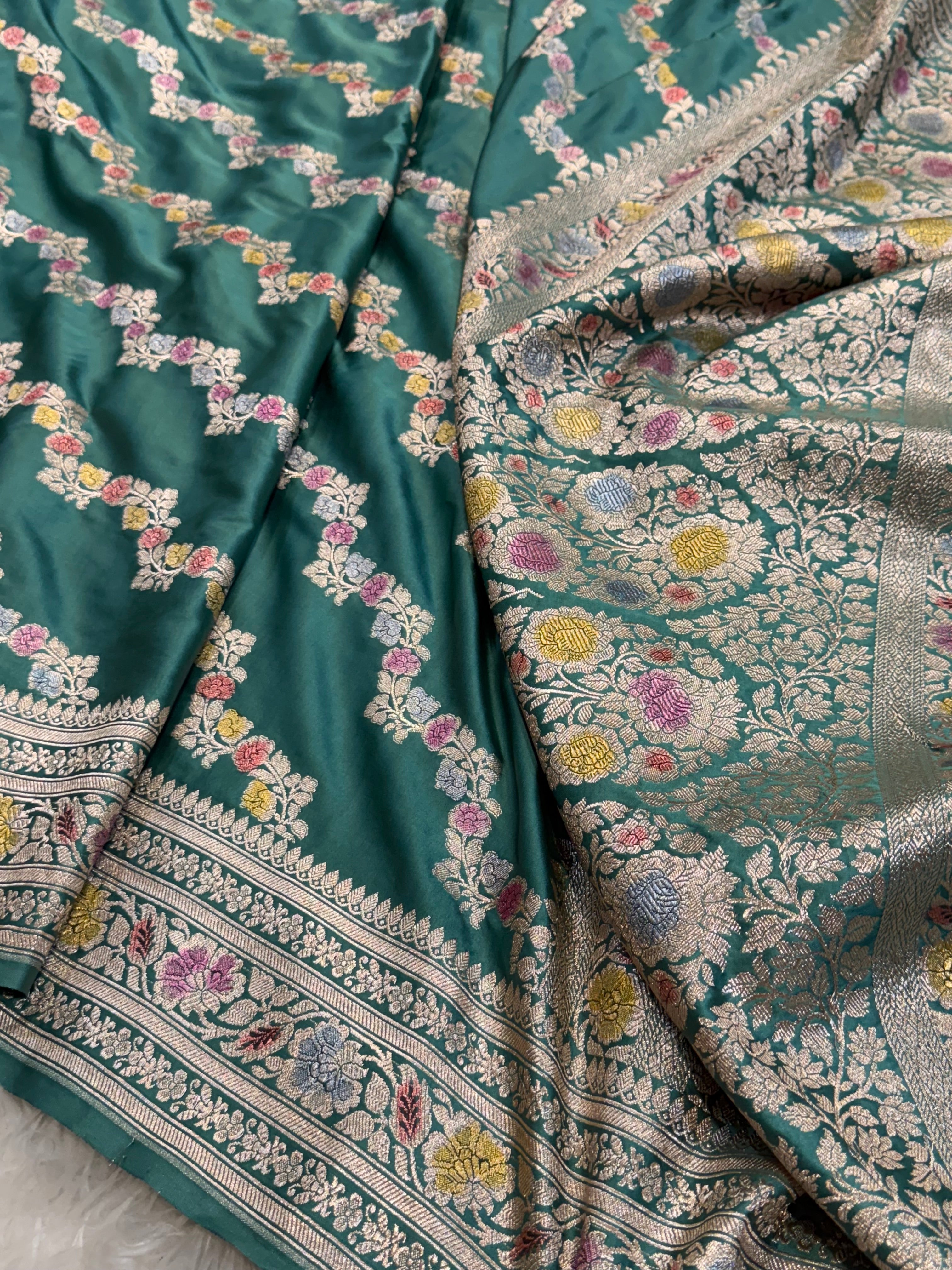 Turqoise Minakari Mashru Silk Saree With Cross Pattern