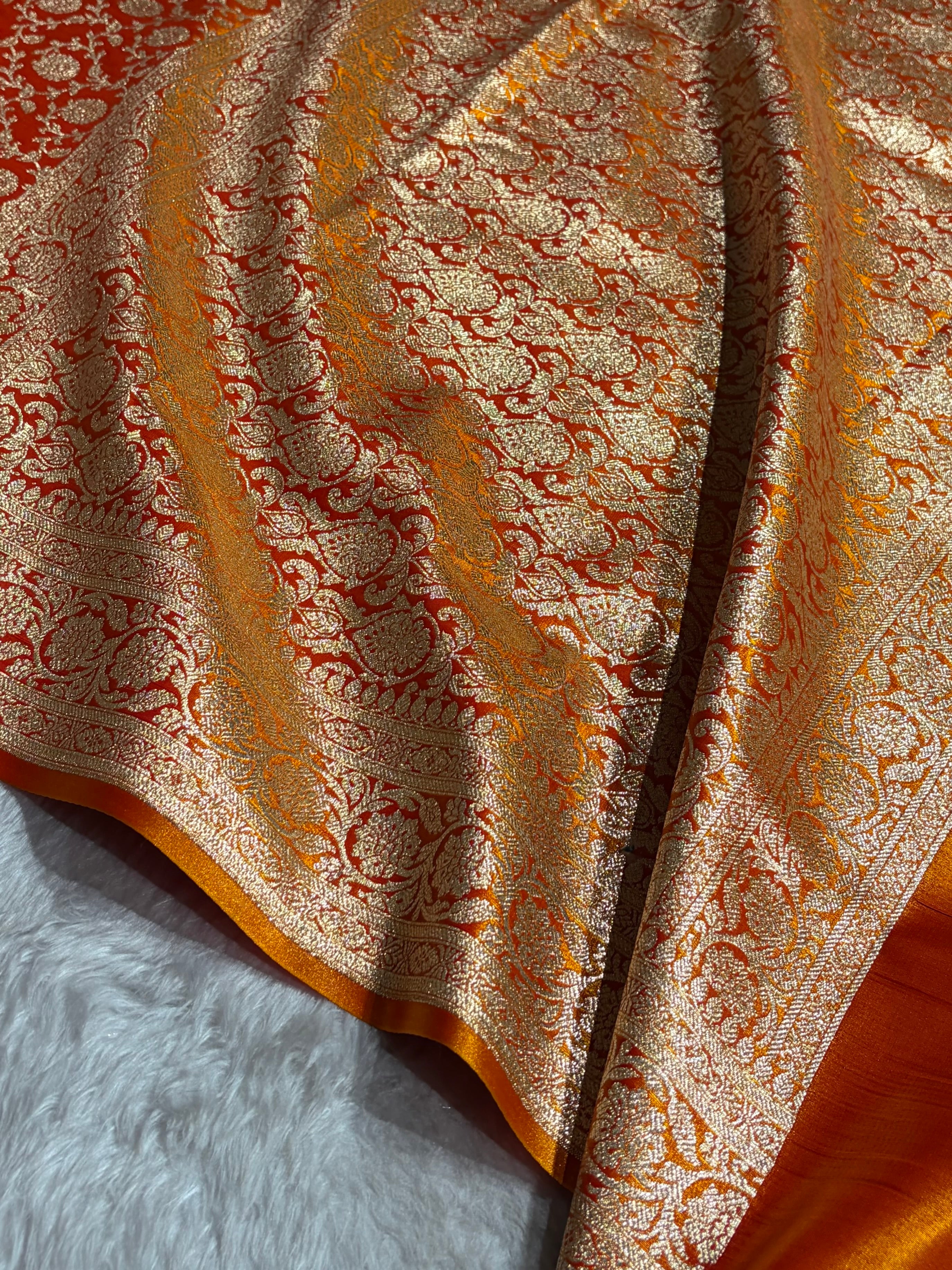 Banarasi Satin Silk Jaal in Fire Gold Shades SS21