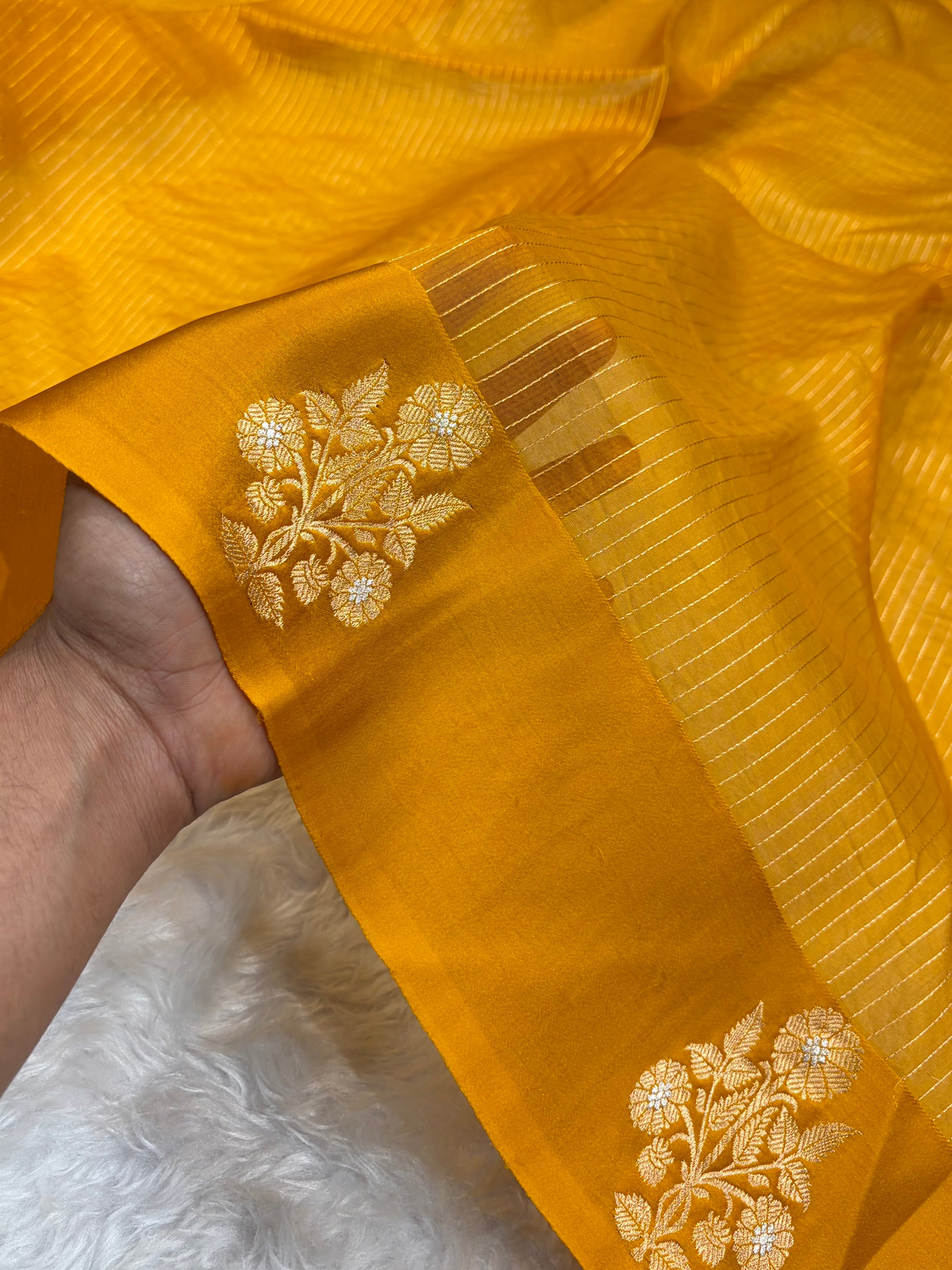 Pure Banarasi Organza Mustard Shades With Satin Border Floral Banarasi Silk Saree PO-22