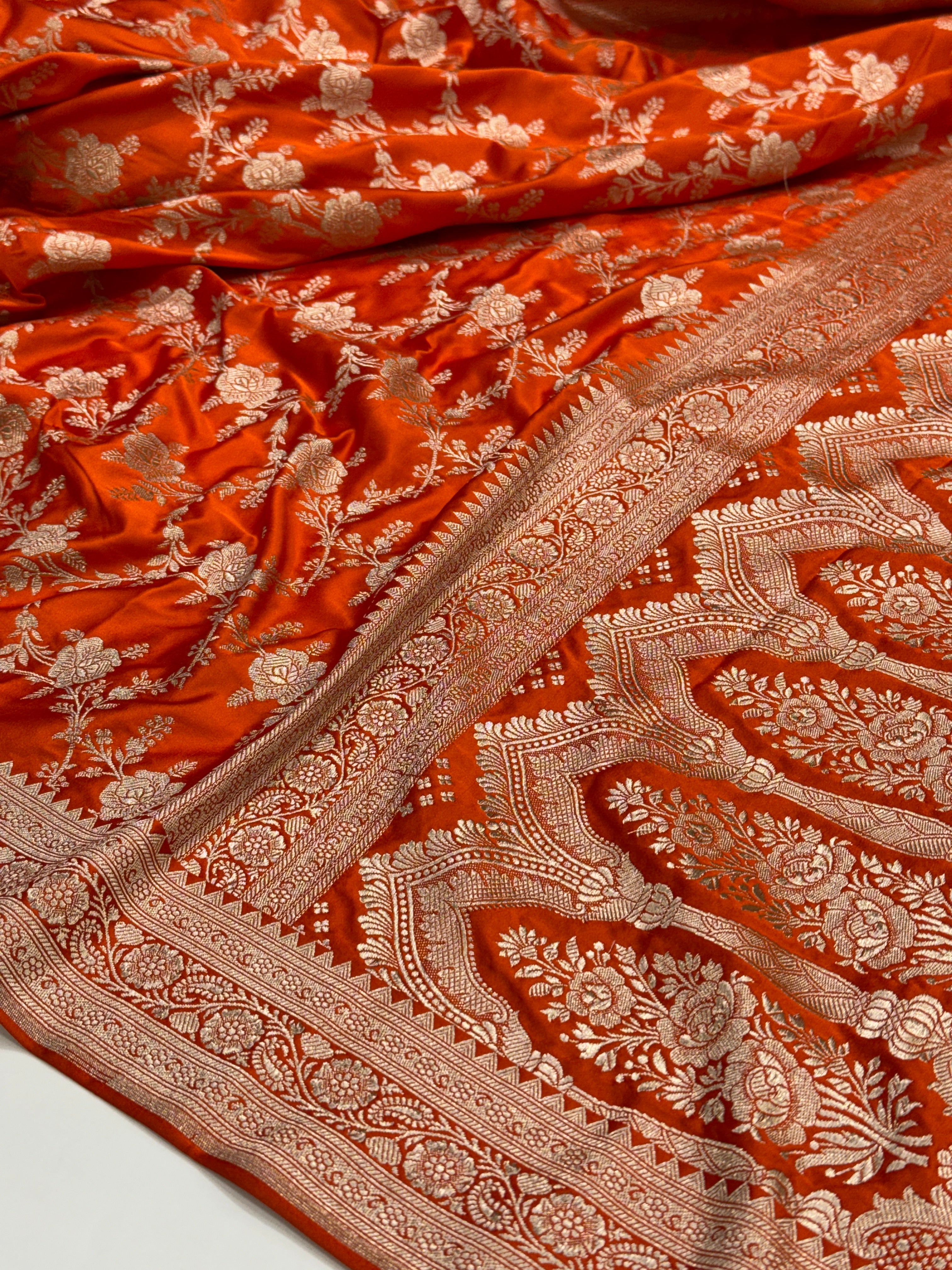 Orange Floral Jaal Mashru Silk Saree