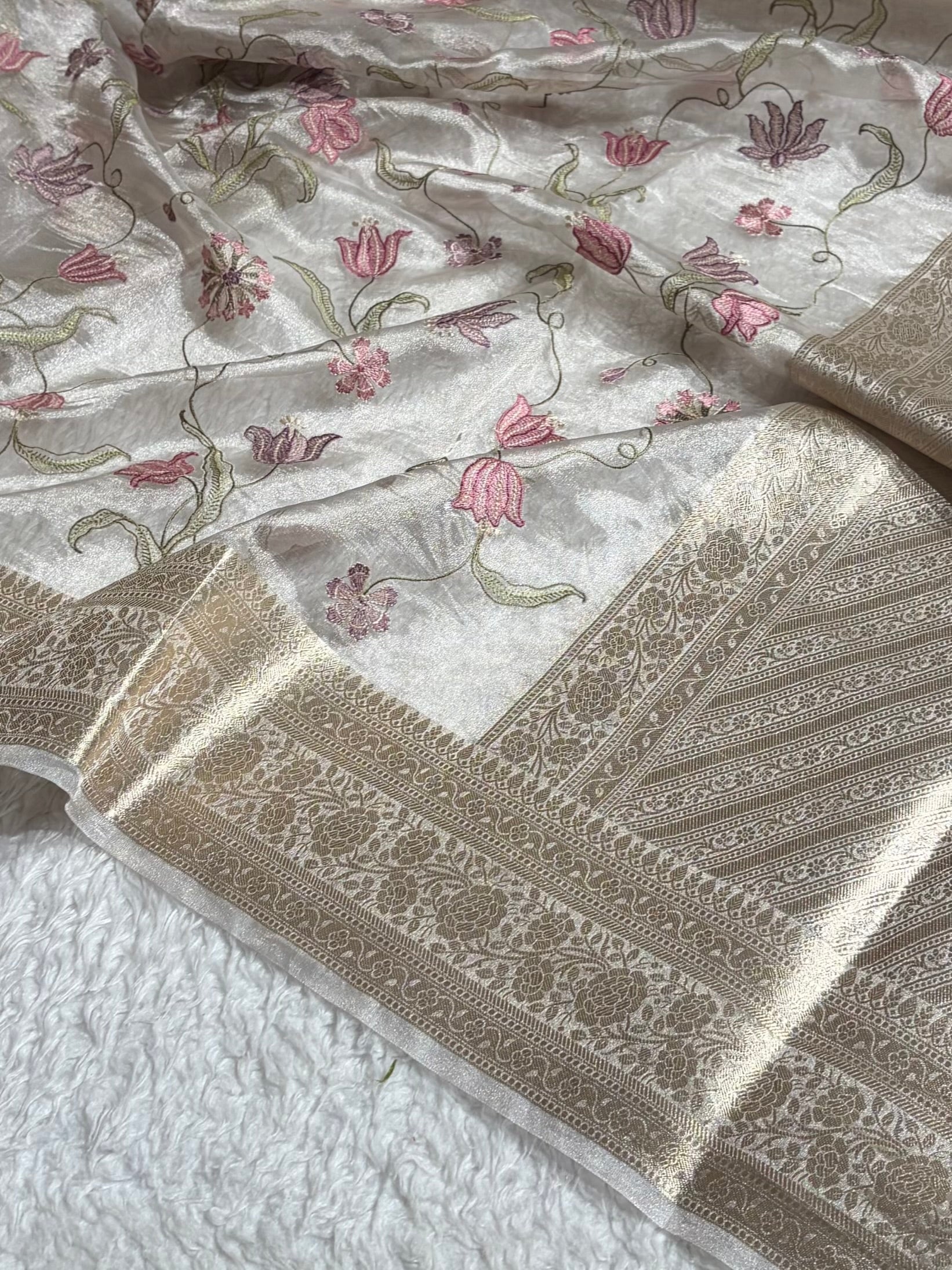 Pearl White Shades With Floral Embroidered Pure Tissue Silk Saree with Brocade Blouse PTE-18