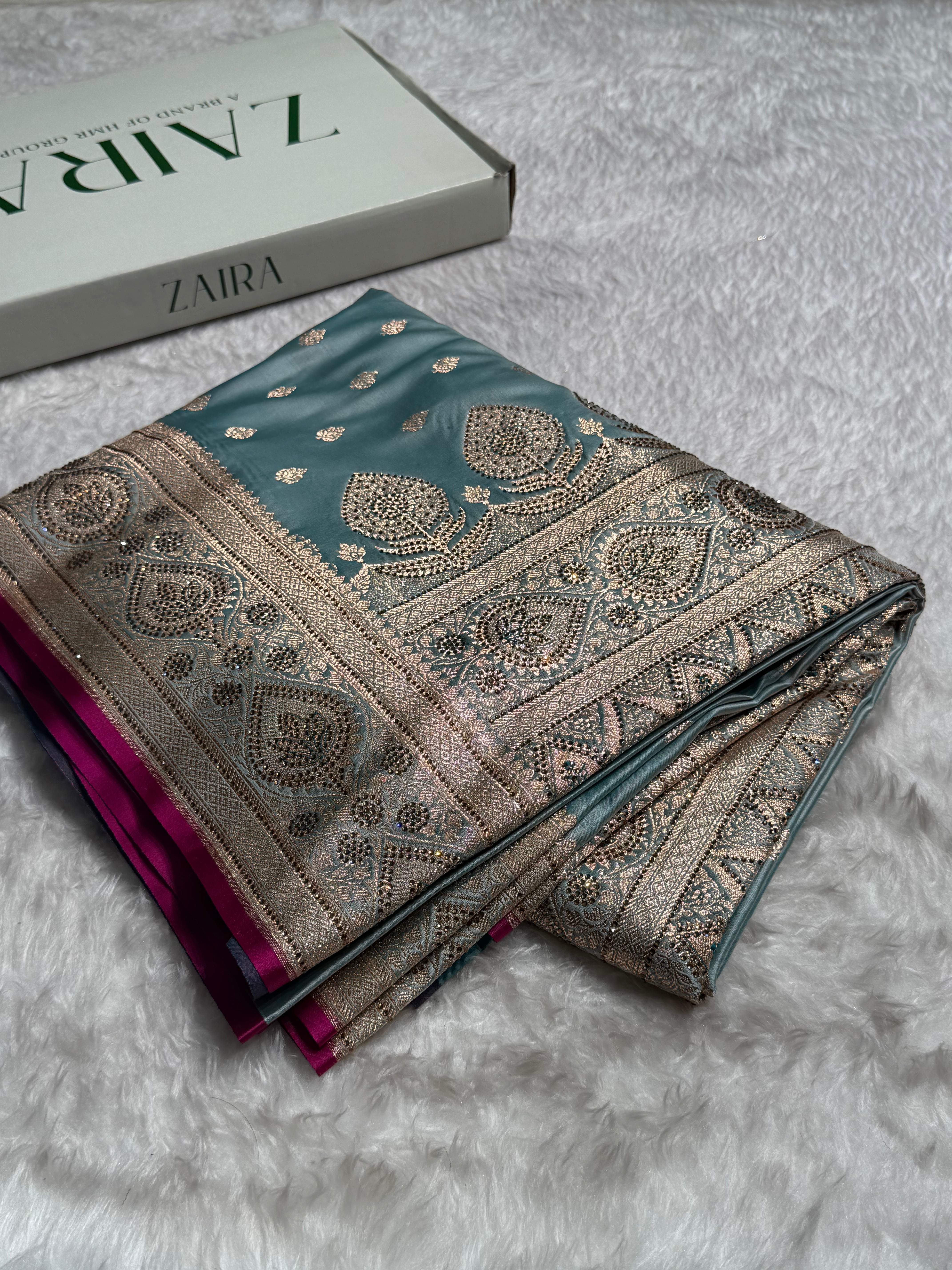 Turquoise Swarovski Work Booti Satin Katan Silk Saree BSK10 (W)