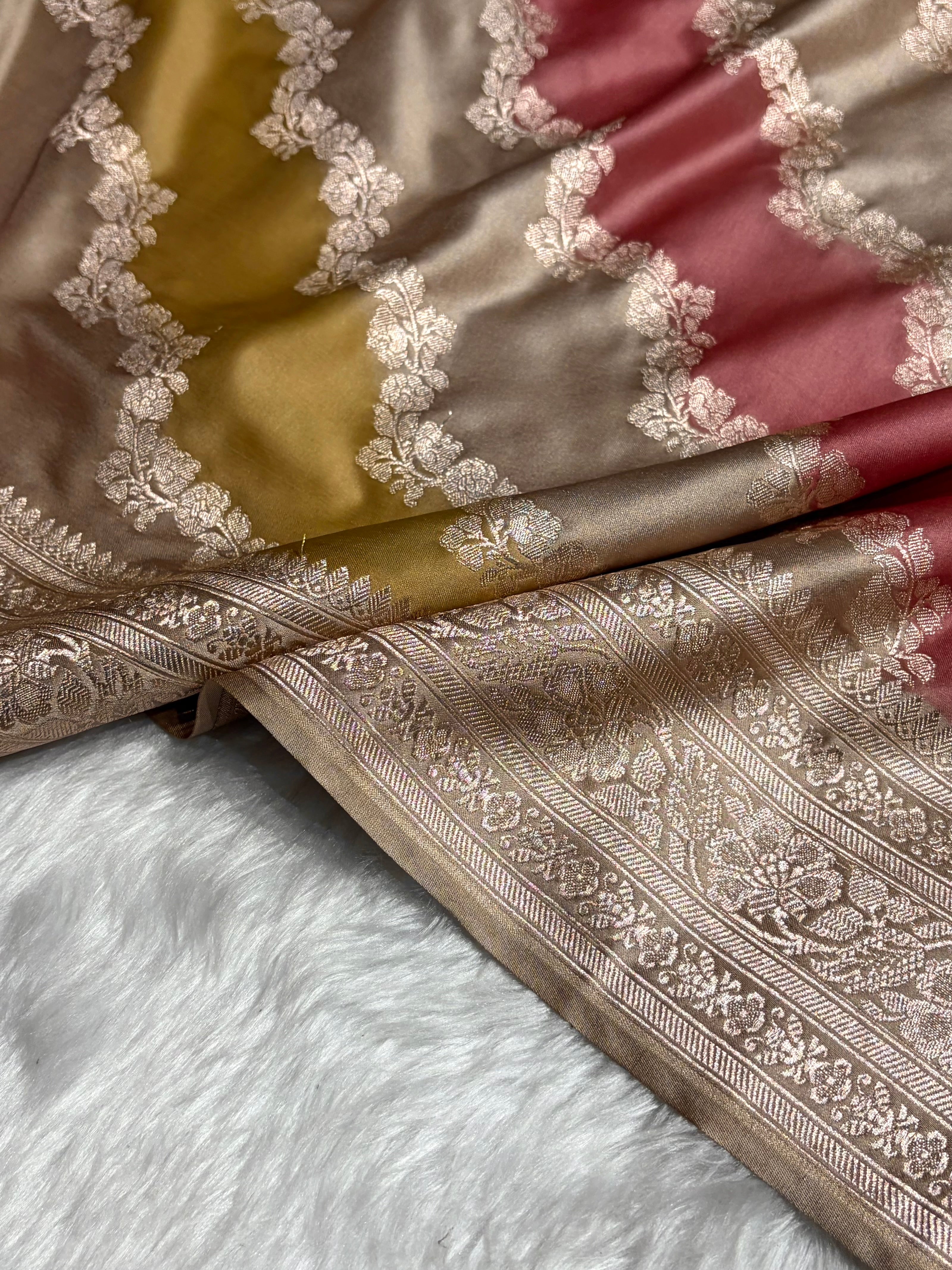 Light Beige Cross Rangkat Mashru Silk Saree With Cross Pattern MS02