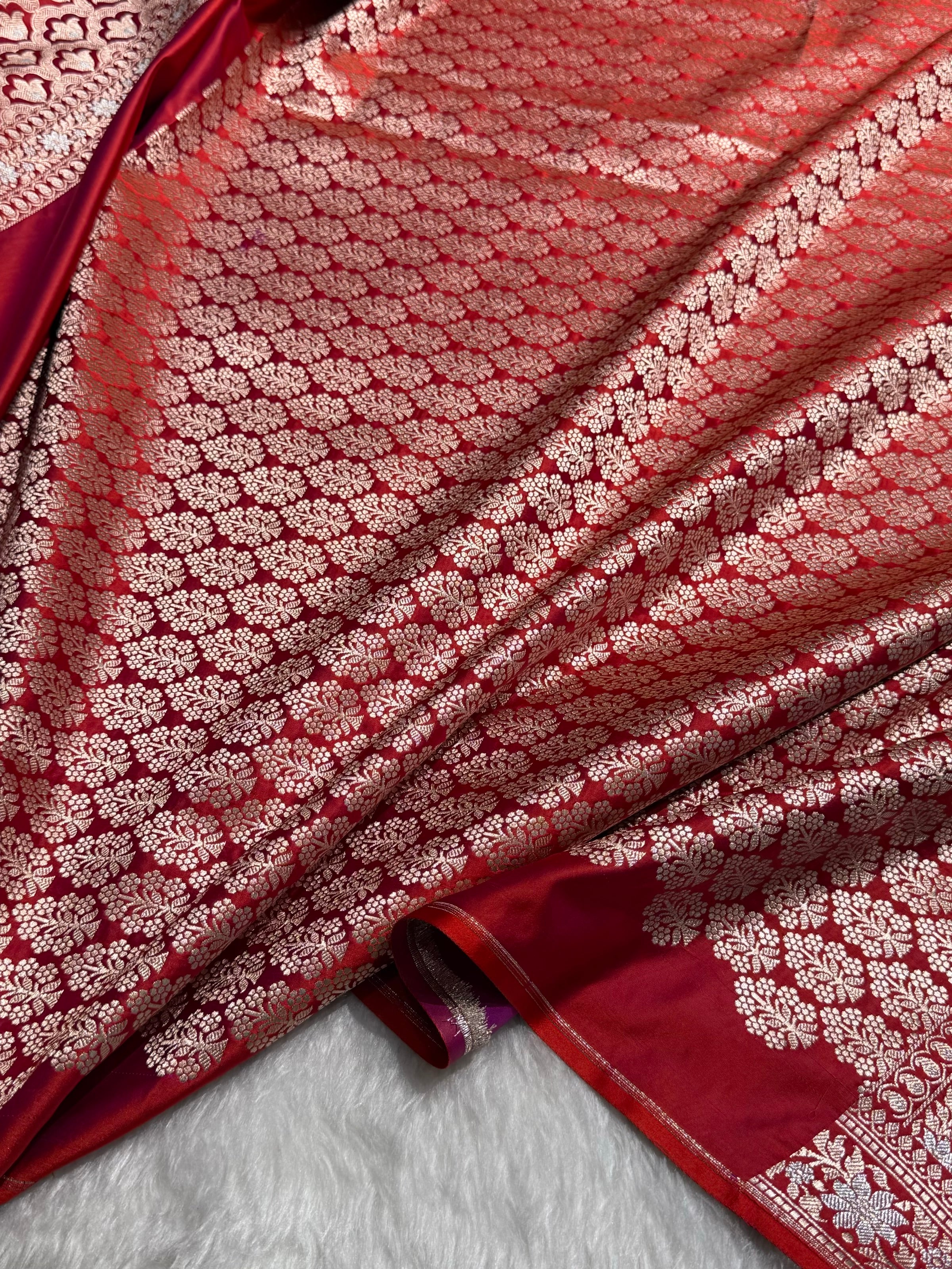 Cross Red Shades Plain Banarasi With Minakari Floral Border Mashru Silk Saree MSM-123