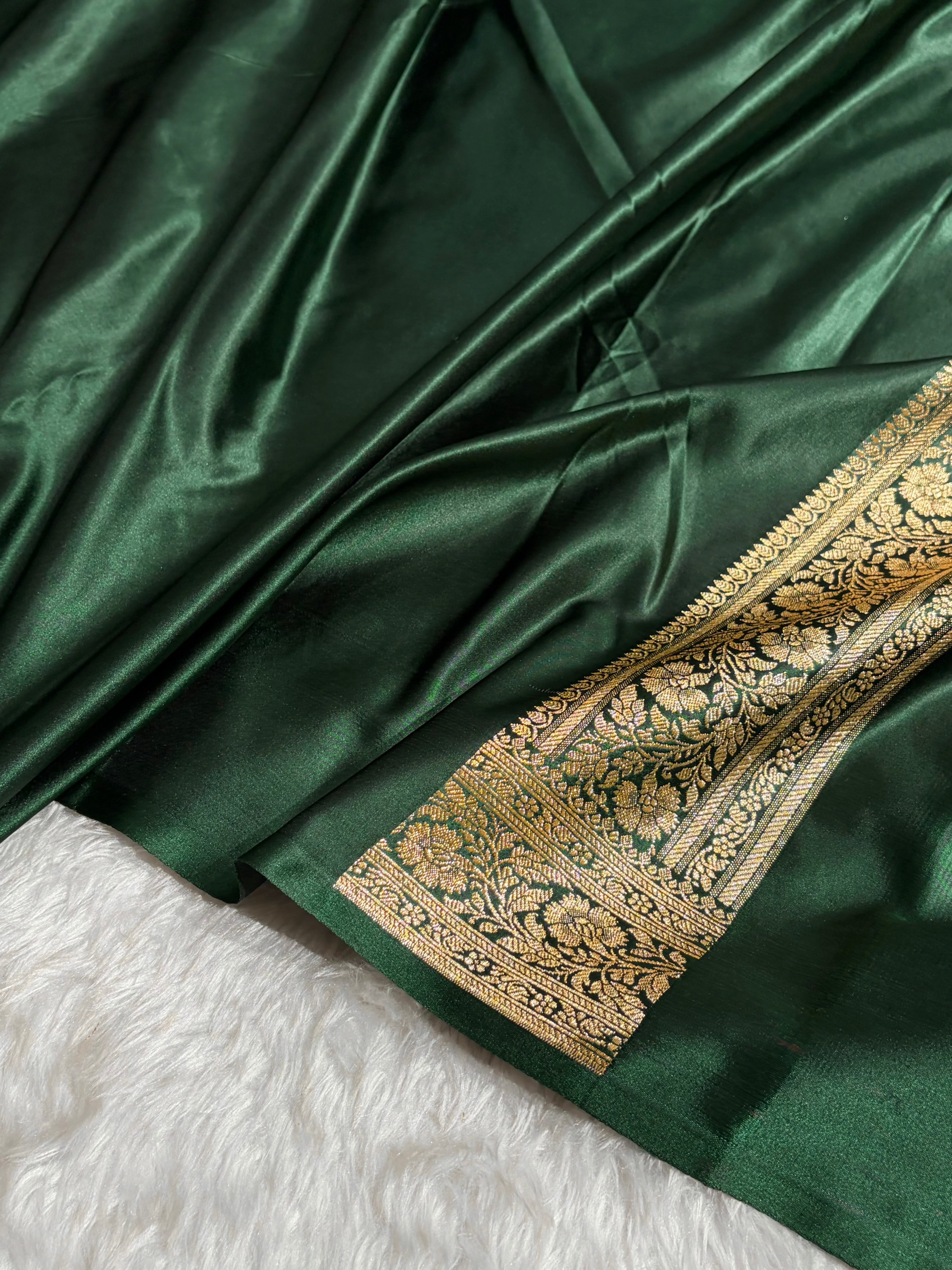 Banarasi Satin Katan Saree Floral Jaal Pattern in Dark Bottle Green Shades SK144