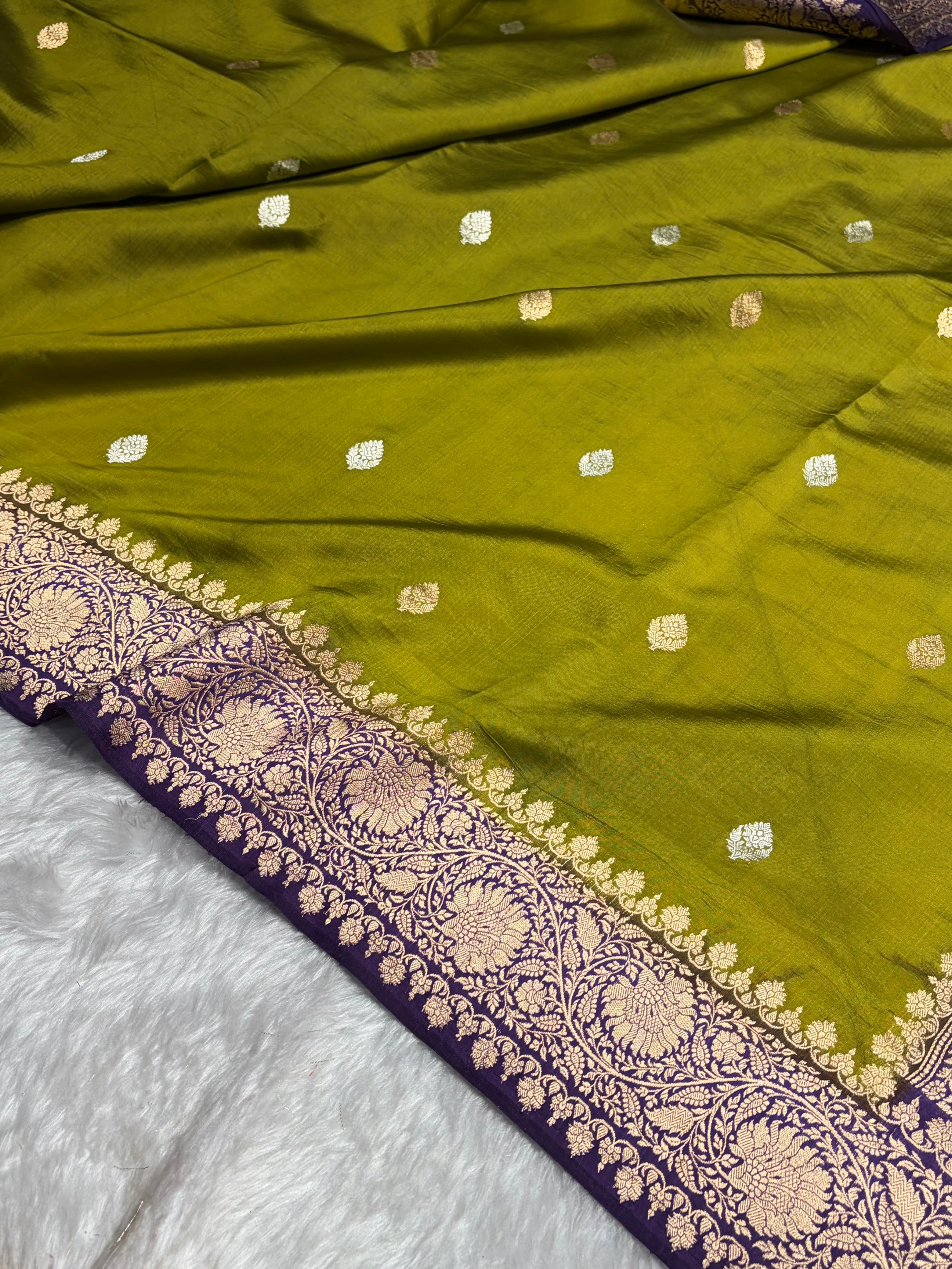 Contrast Mehendi With Purple Boota Handwoven Pure Katan Raw Mango Silk RM-33