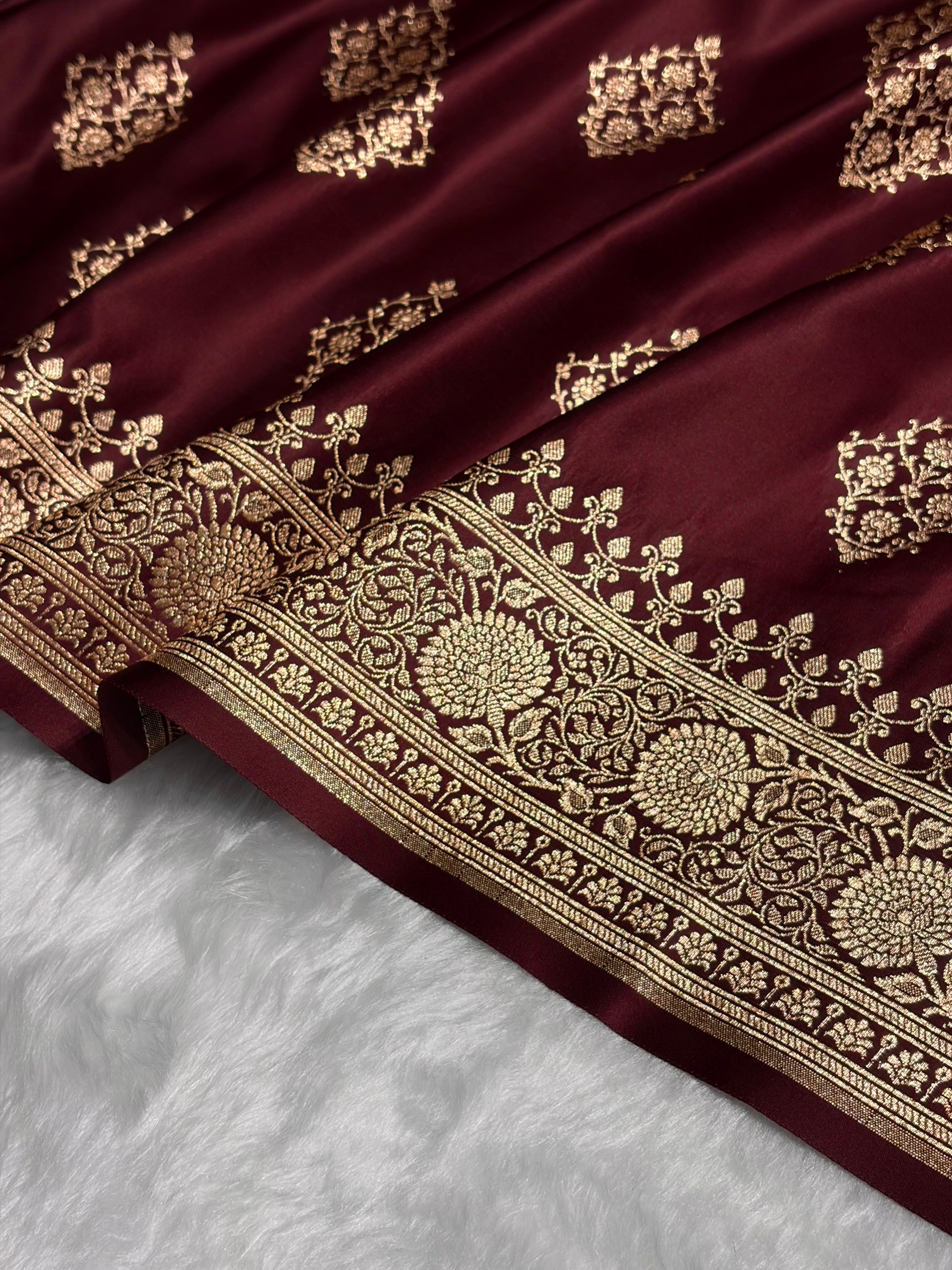 Garnet Floral Boota Satin Katan Silk saree SK35