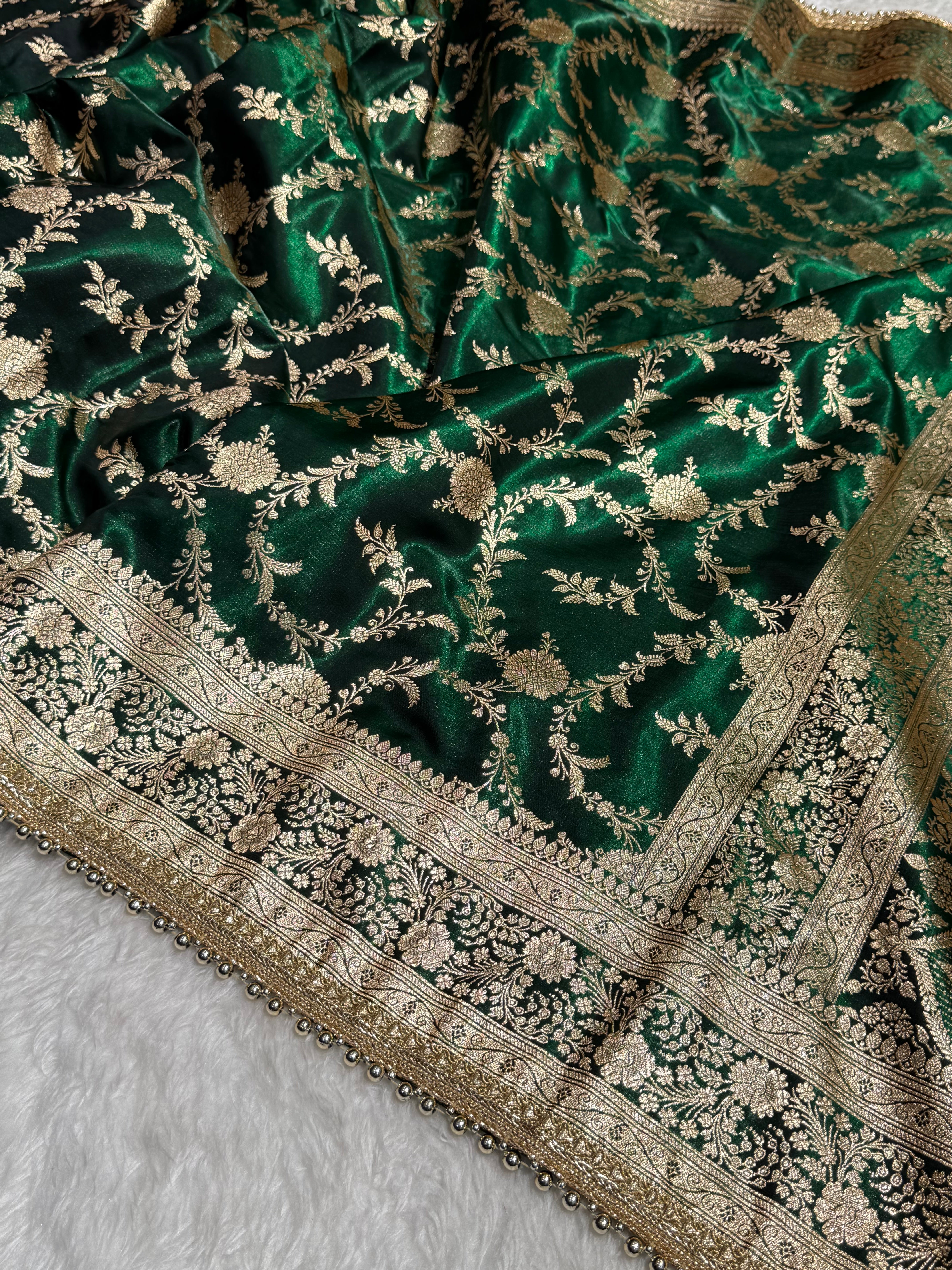 Bottle Green Banarasi Jaal Satin Silk Saree with gotta patti SSGP14