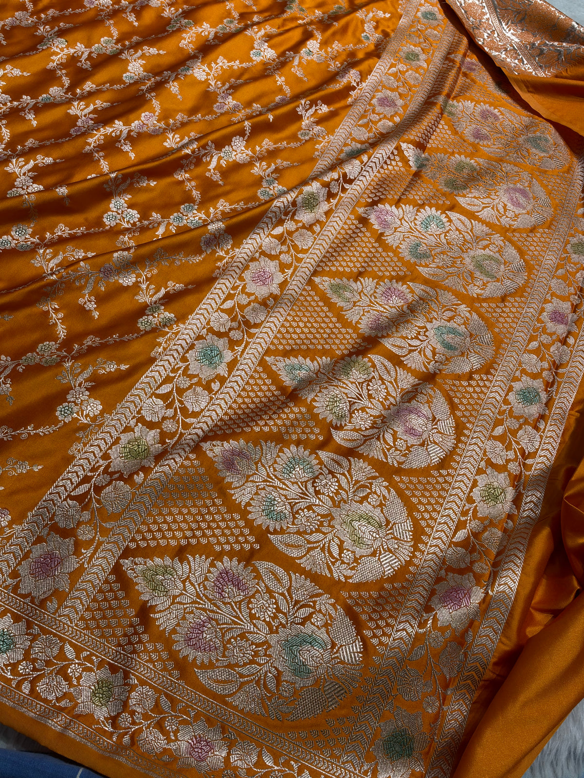 Banarasi Rust Orange Jaal With Minakari Pattern Mashru Silk Saree MCS56