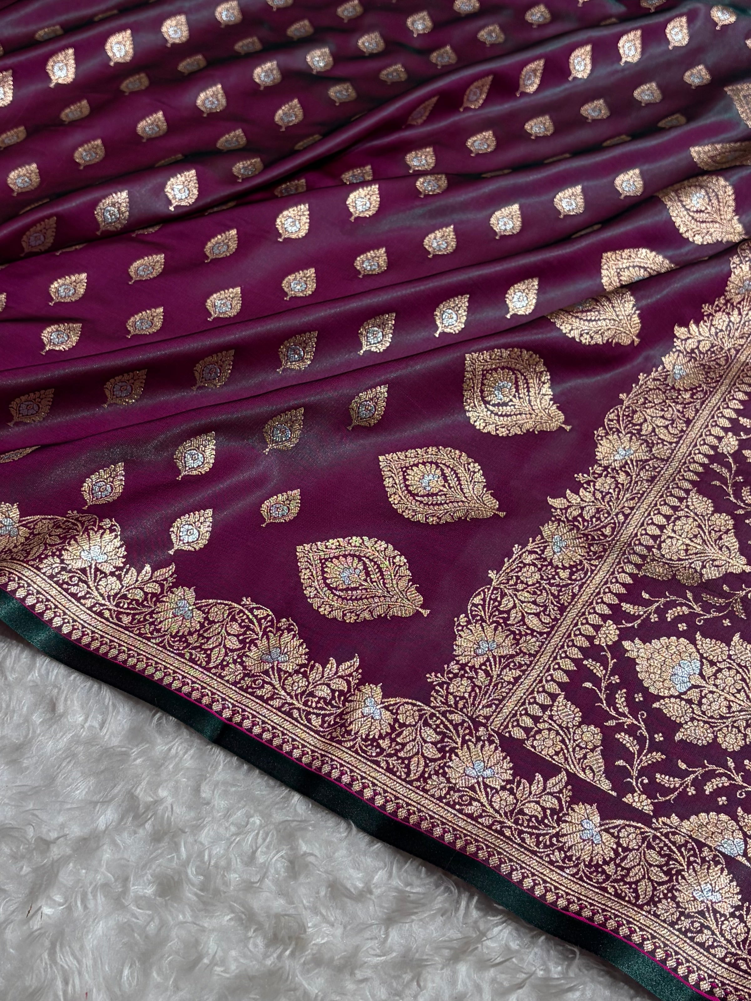 Banarasi Cross Wine Shades Minakari Booti Pattern Banarasi Satin Silk Saree SS60