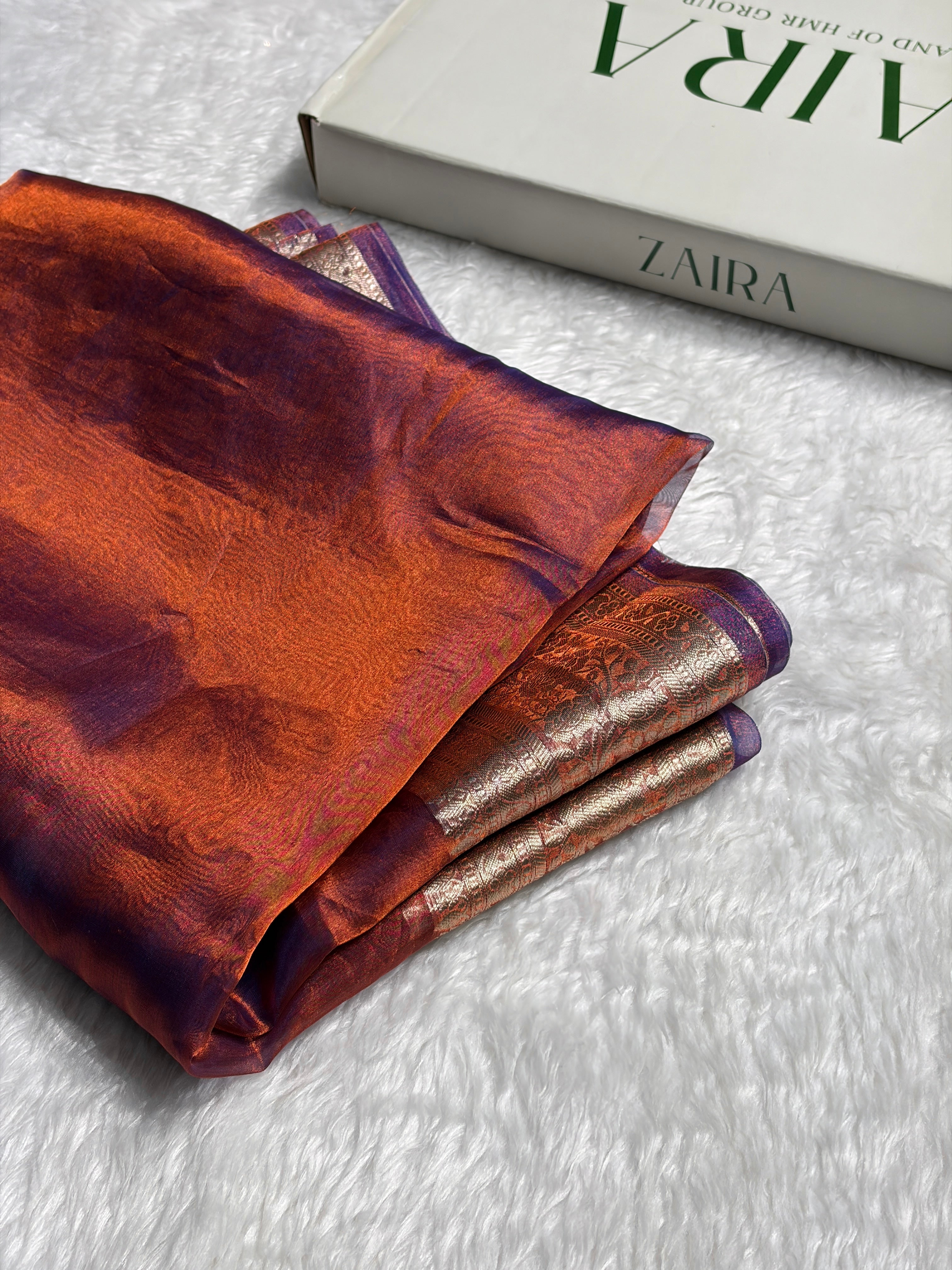 Rusty Royal Blue Shades Pure Tissue Silk Saree with Brocade Blouse PT-08