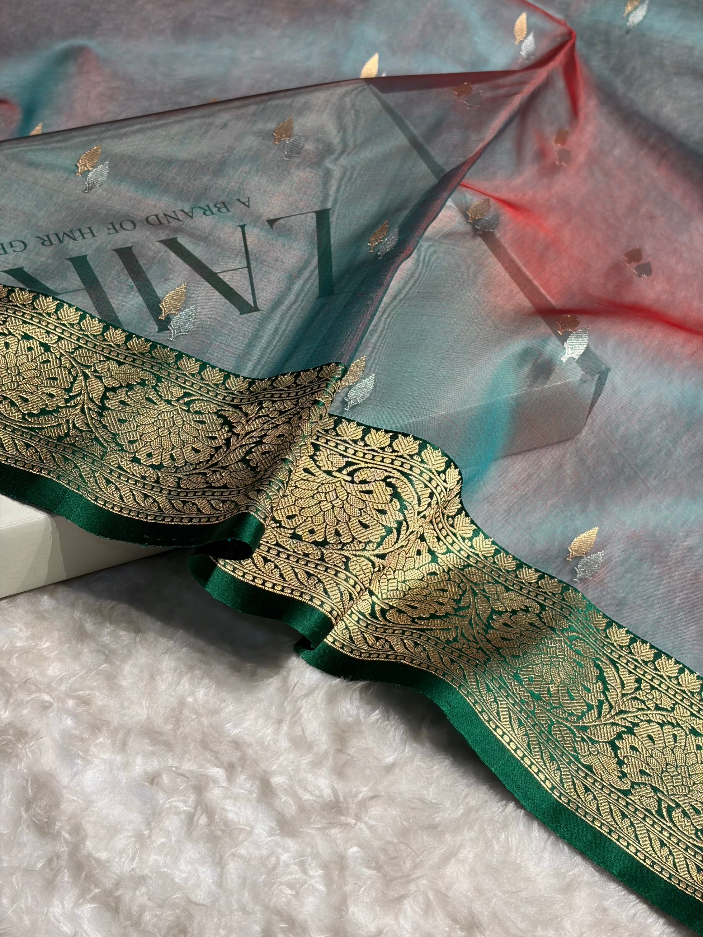 Contrast Pure Banarasi Organza Reddish Rama With Bottle Green Floral Banarasi Silk Saree PO-12