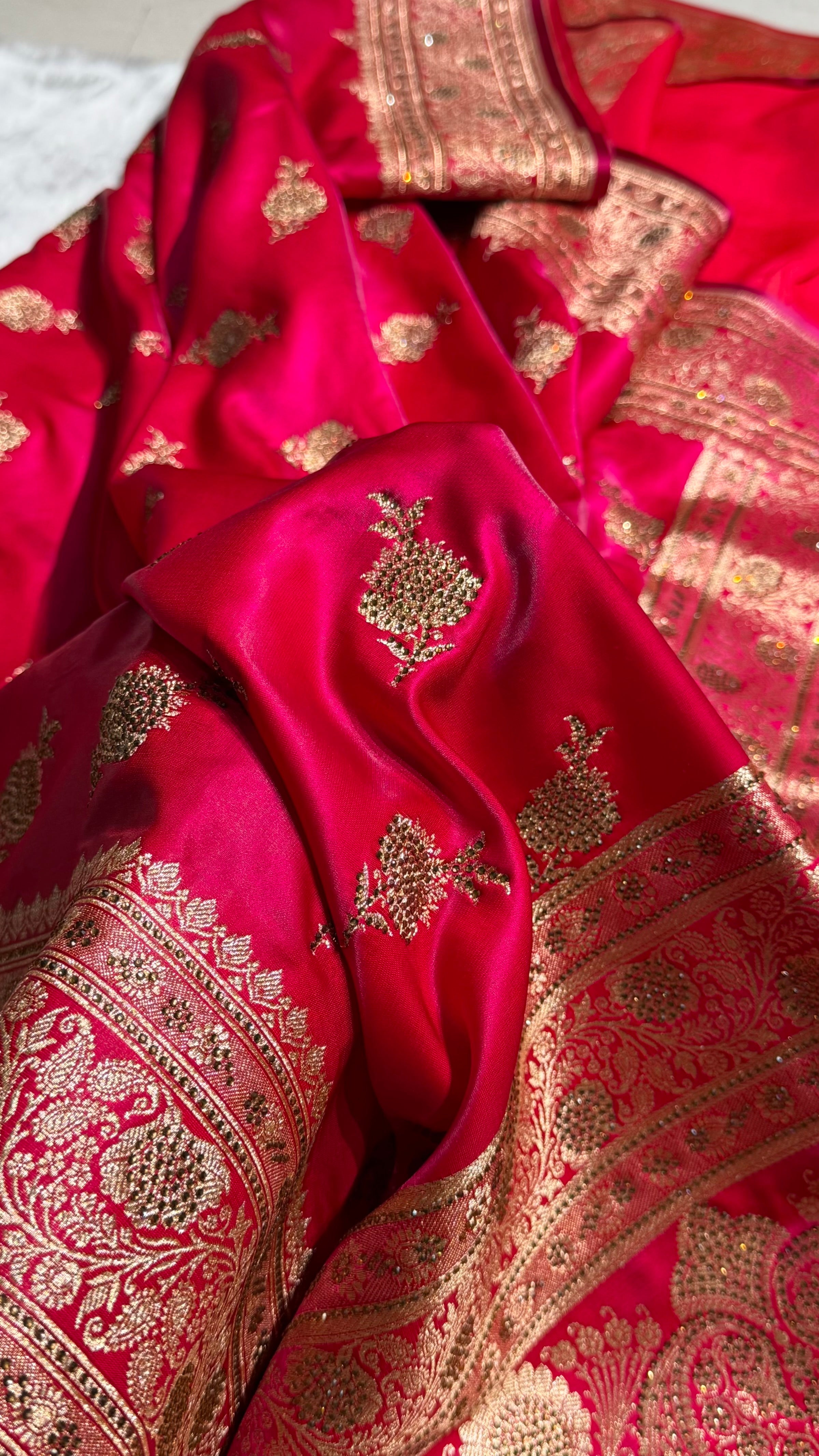 Satin Silk Saree Swarovski Work Floral Boota in Cross Rani Shades BSS26