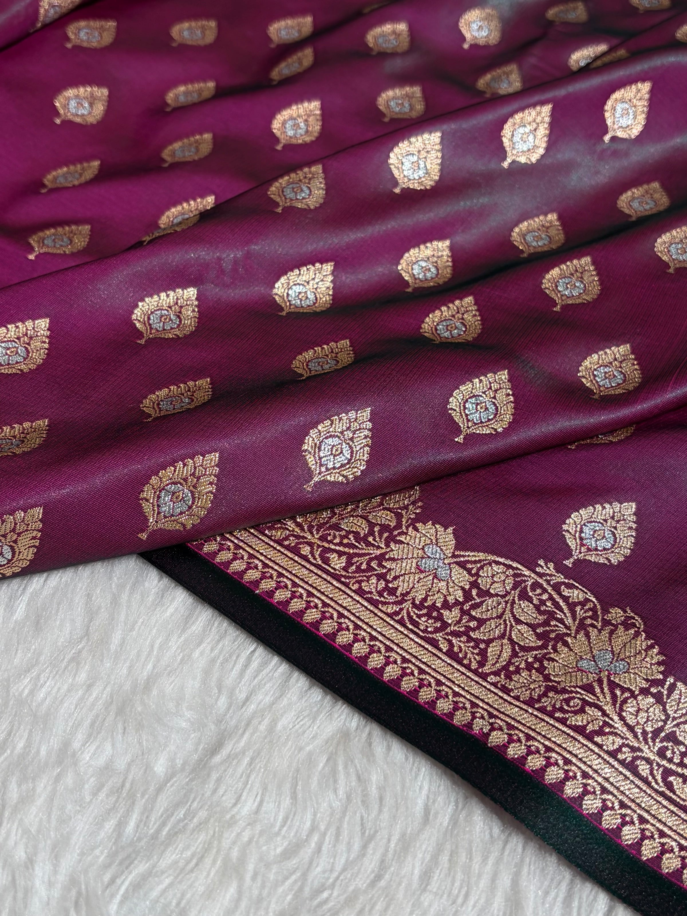 Banarasi Cross Wine Shades Minakari Booti Pattern Banarasi Satin Silk Saree SS60