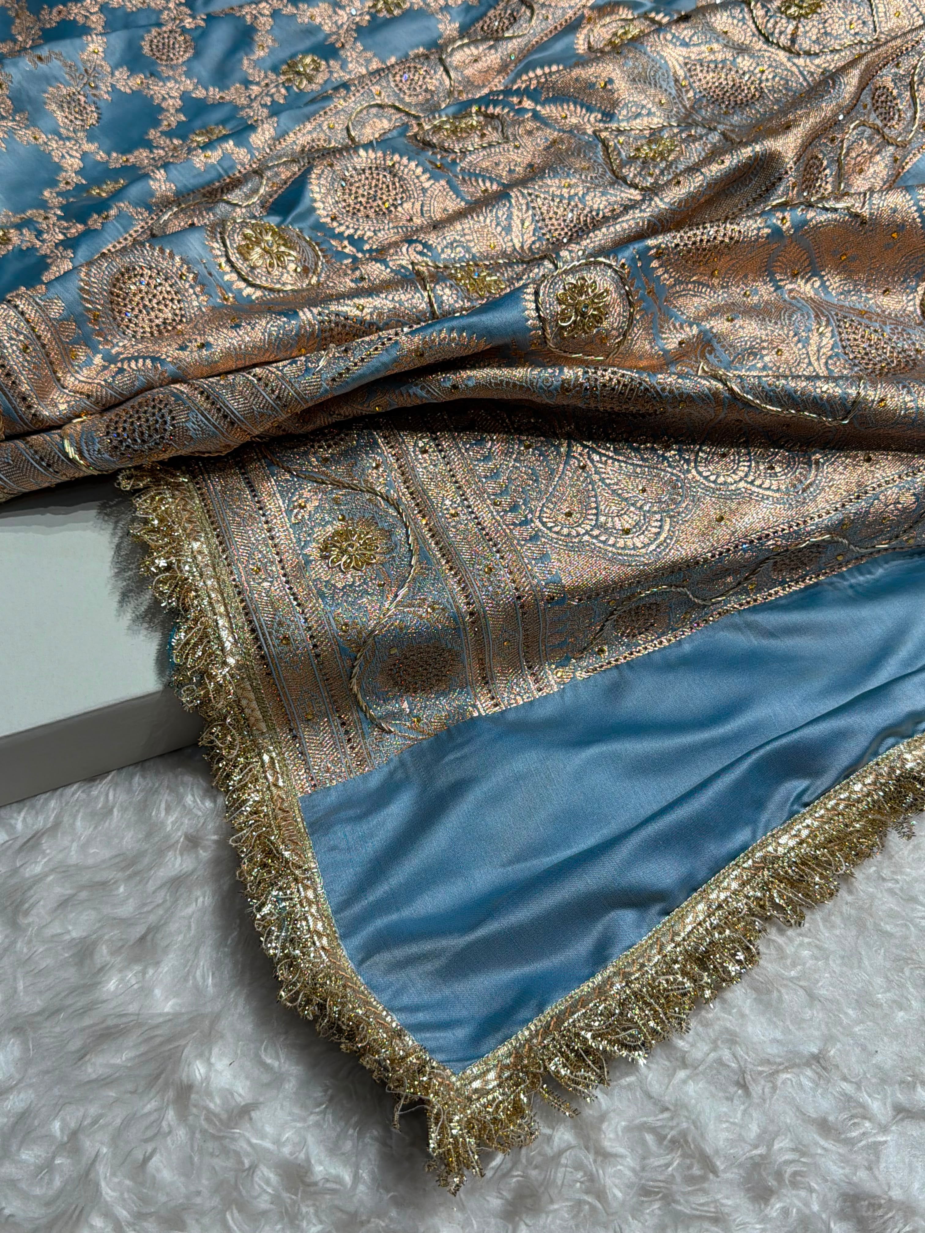Pastel German Blue Swavroski & Zardozi Work With Gotta Patti Jaal Pattern Satin Katan Silk Saree BSKGP25