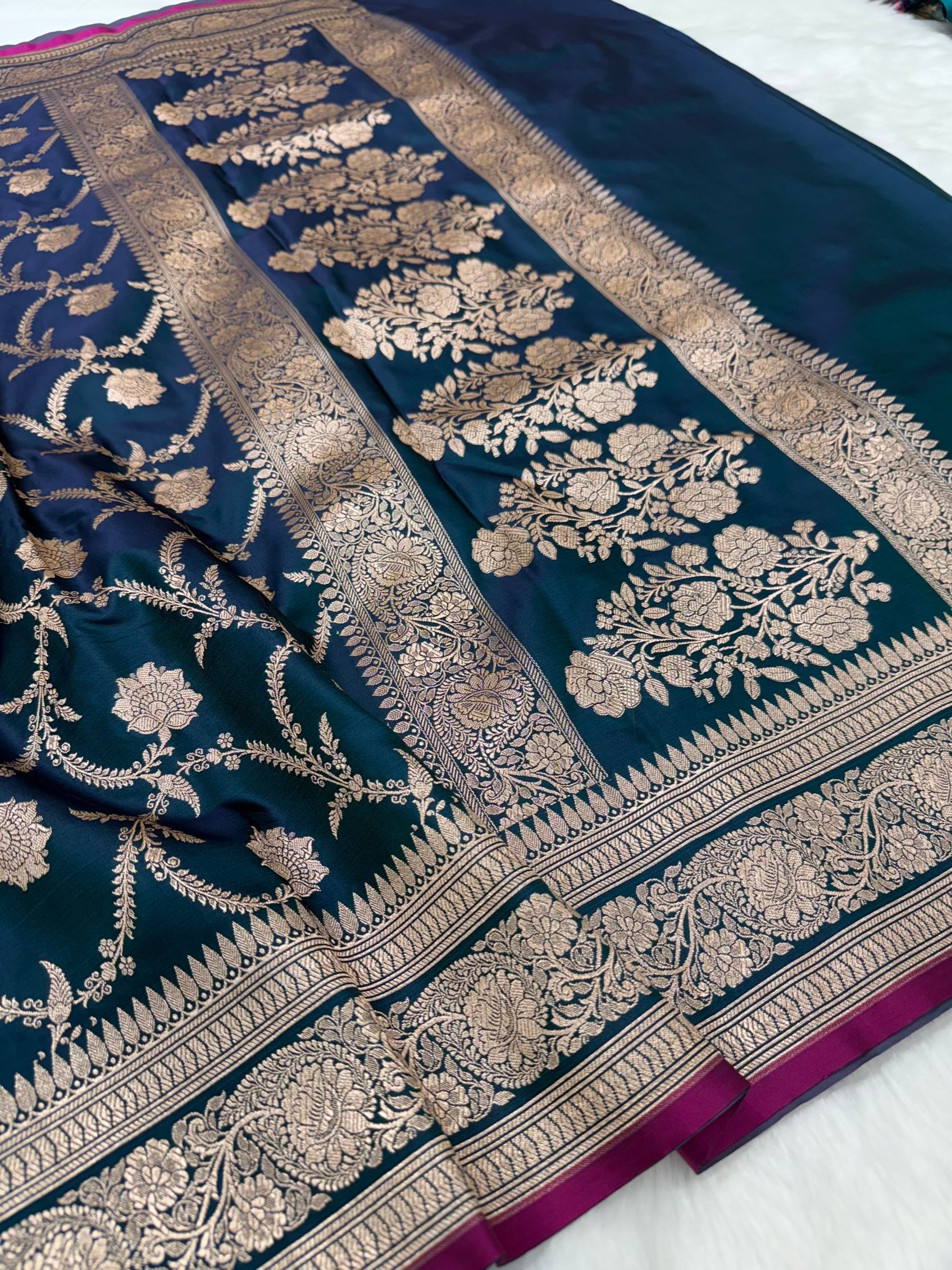 German Blue Jaal Pattern Mashru Silk Saree