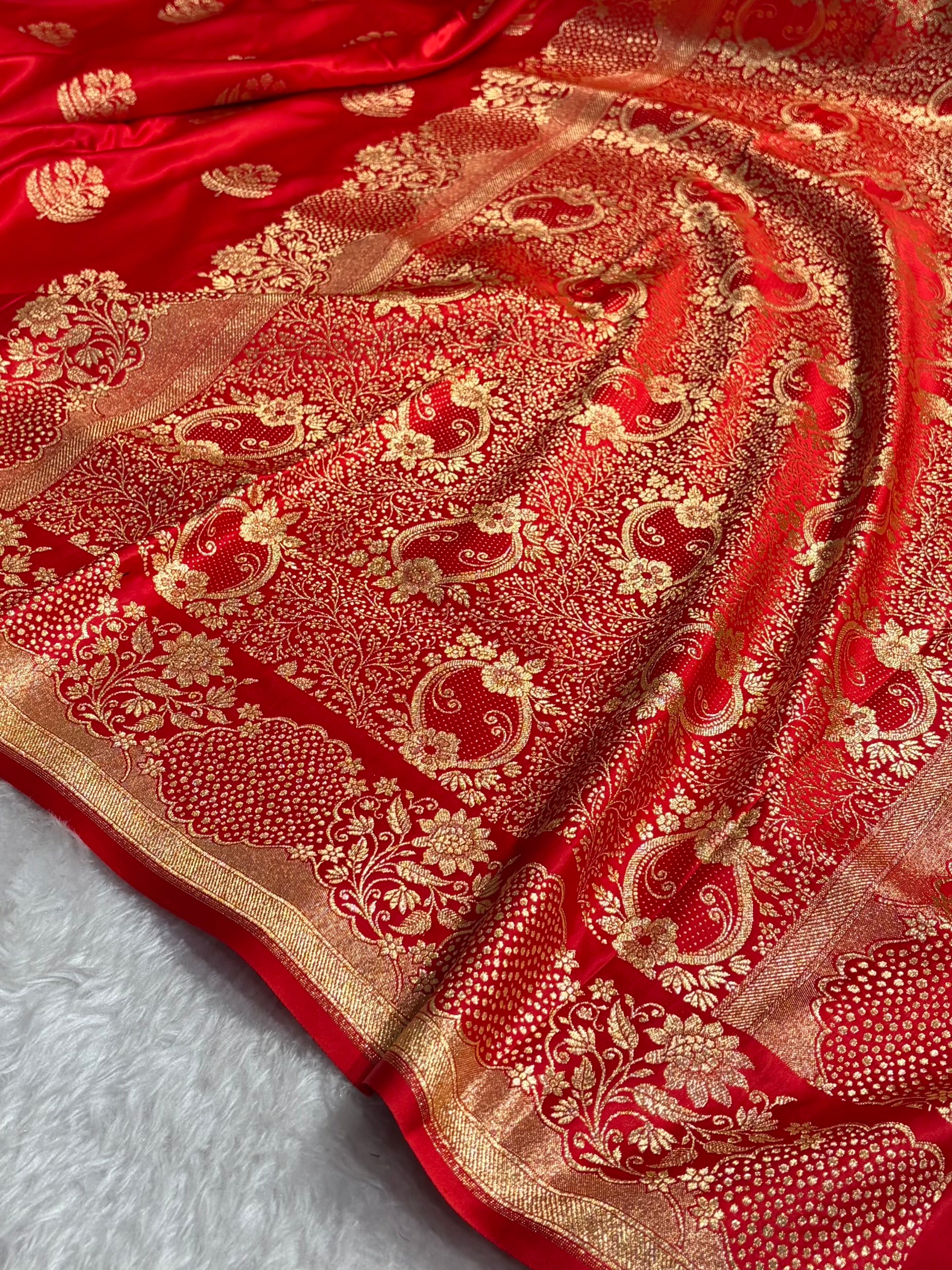 Red Unique Boota Pattern Satin Katan Silk Saree SK70