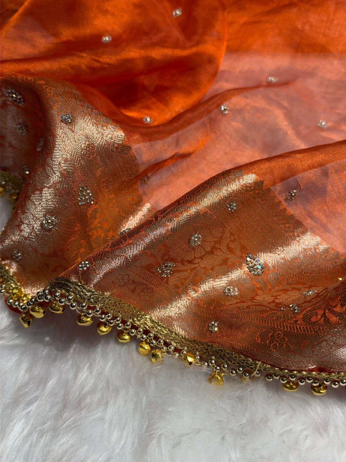 Orange Shades Pure Tissue Silk With Banarasi Swarovski Work Saree X Ghongroo BPGPT-18
