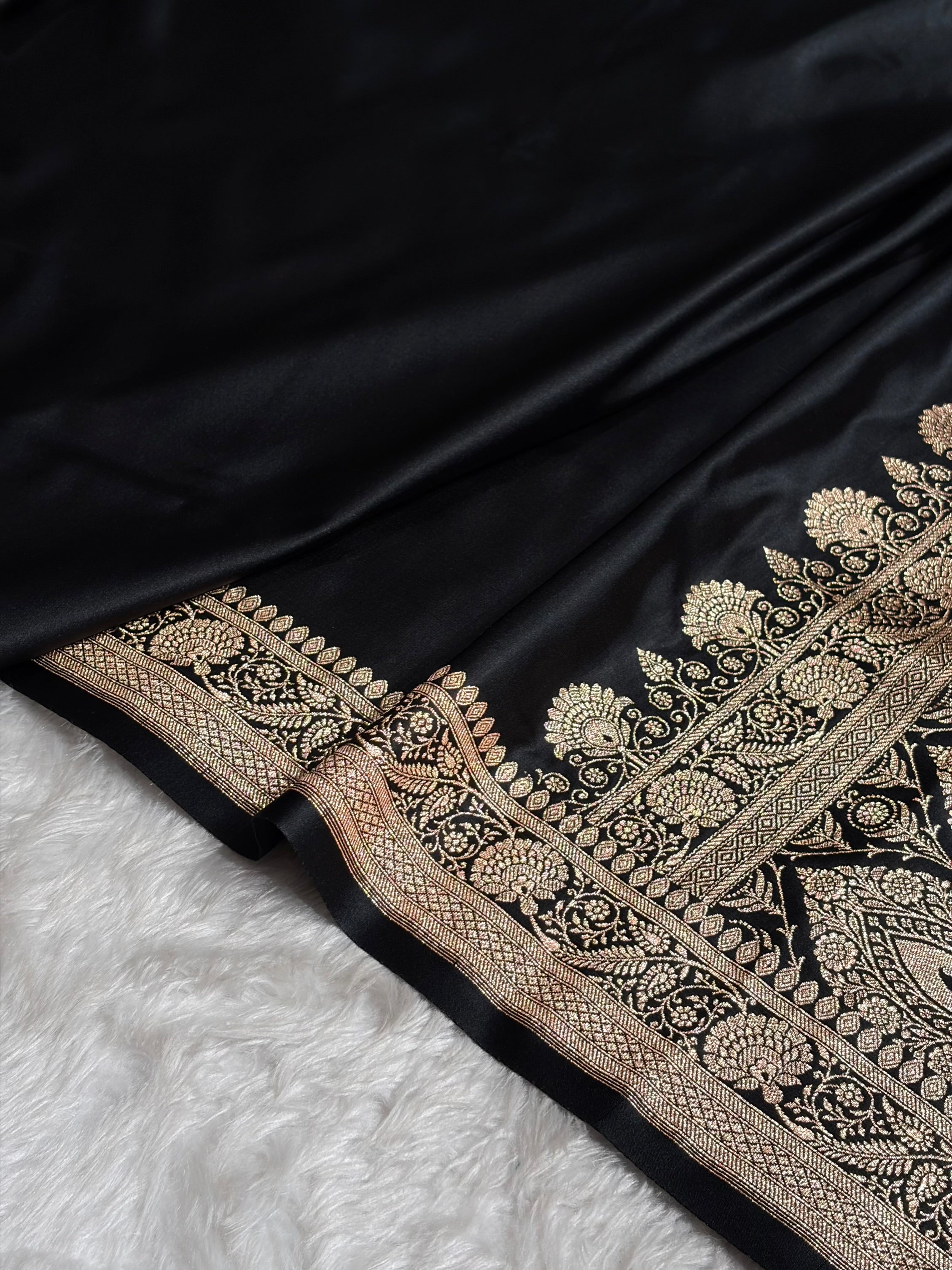 Banarasi Satin Katan Saree Floral Booti Pattern in Black Shades SK150