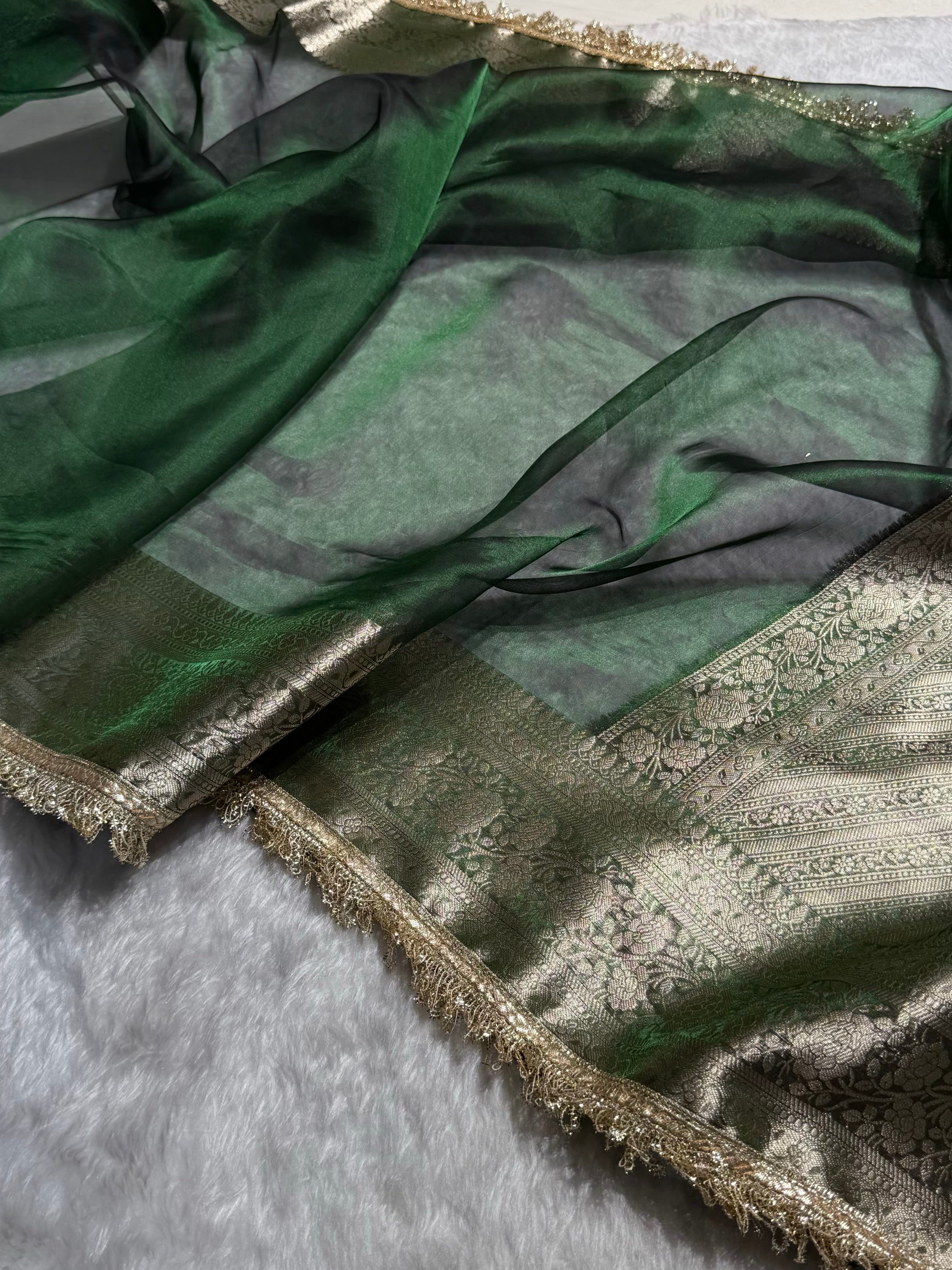Bottle Green Shades Pure Tissue Silk Saree with Gotta Patti Brocade Blouse PTGP-08
