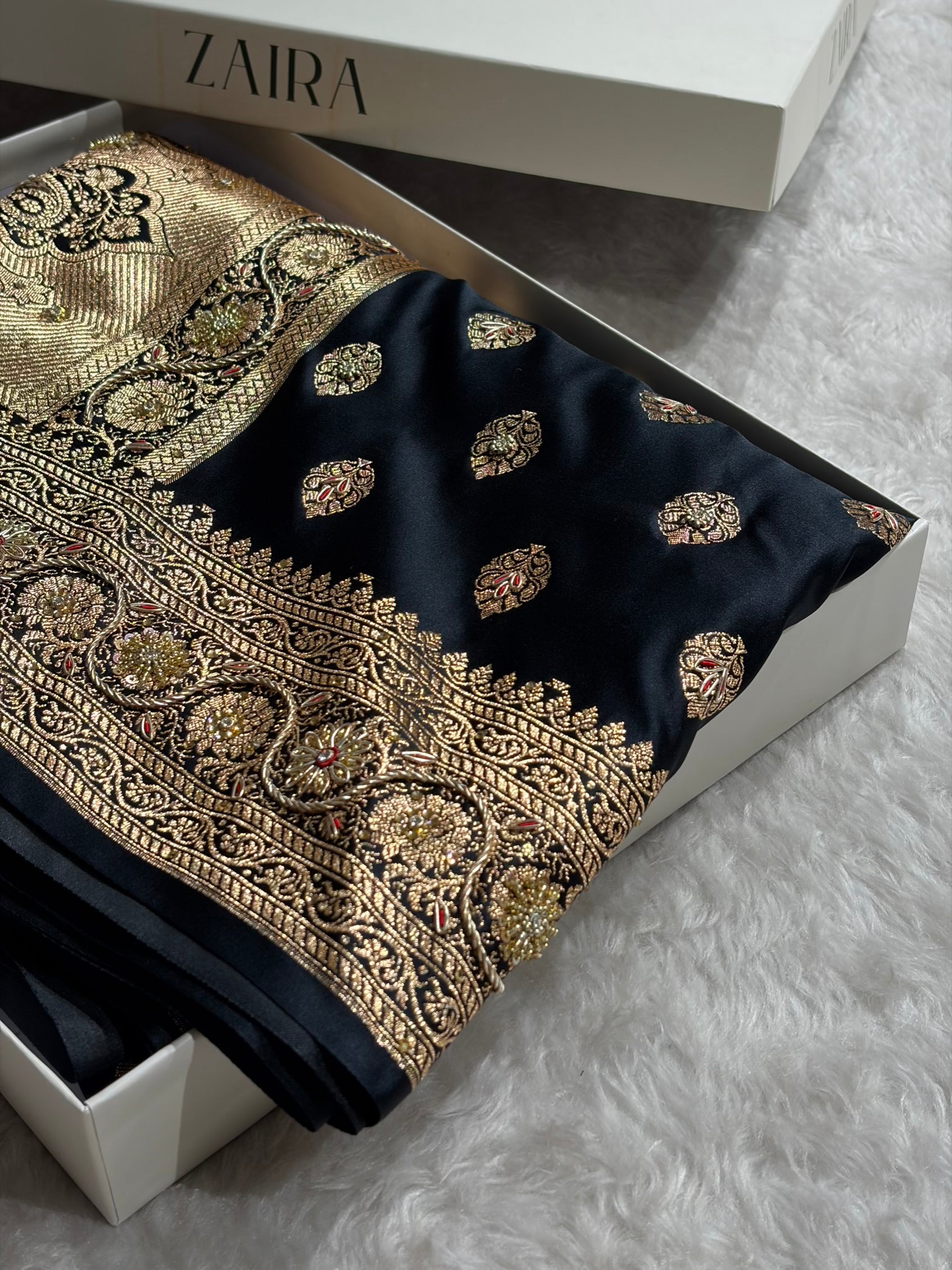 Banarasi Boota Katan Silk Saree In Black Shades With Ari Zardozi Work BSK02