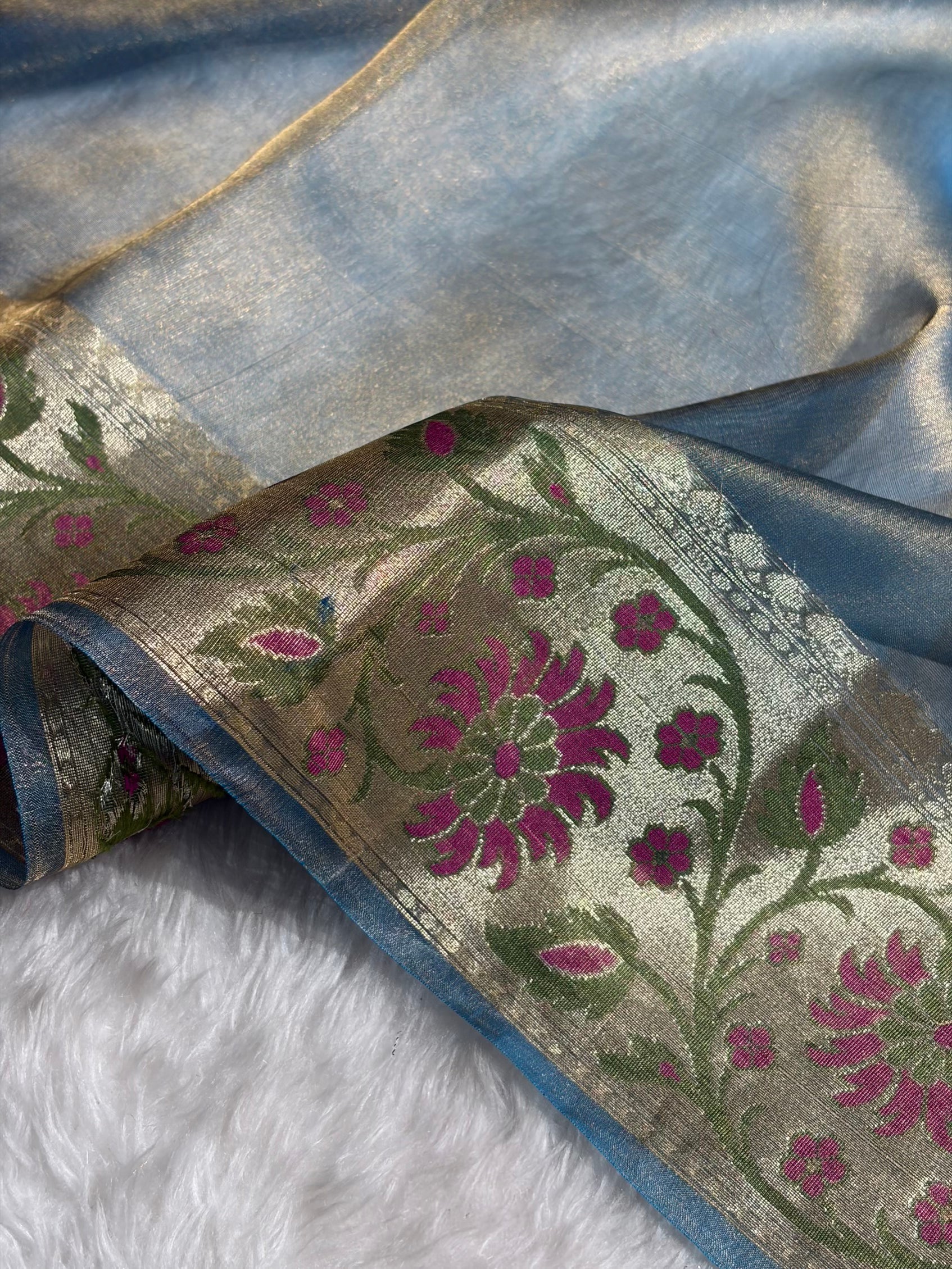 Banarasi Powder Blue Shades With Minakari Border Pure Tissue Silk Saree PT-59