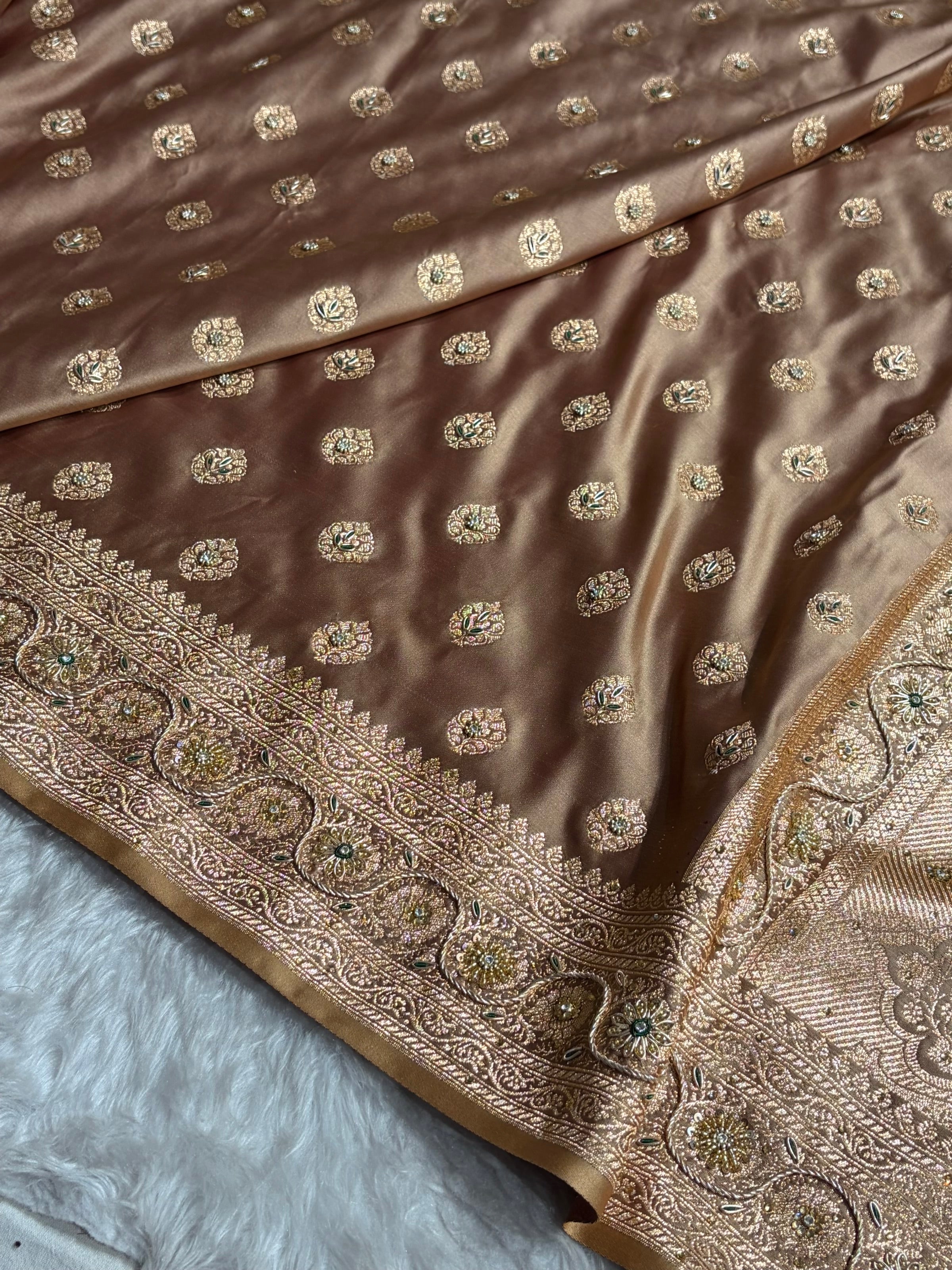 Banarasi Boota Katan Silk Saree In Tusser Shades With Ari Zardozi Work BSK02