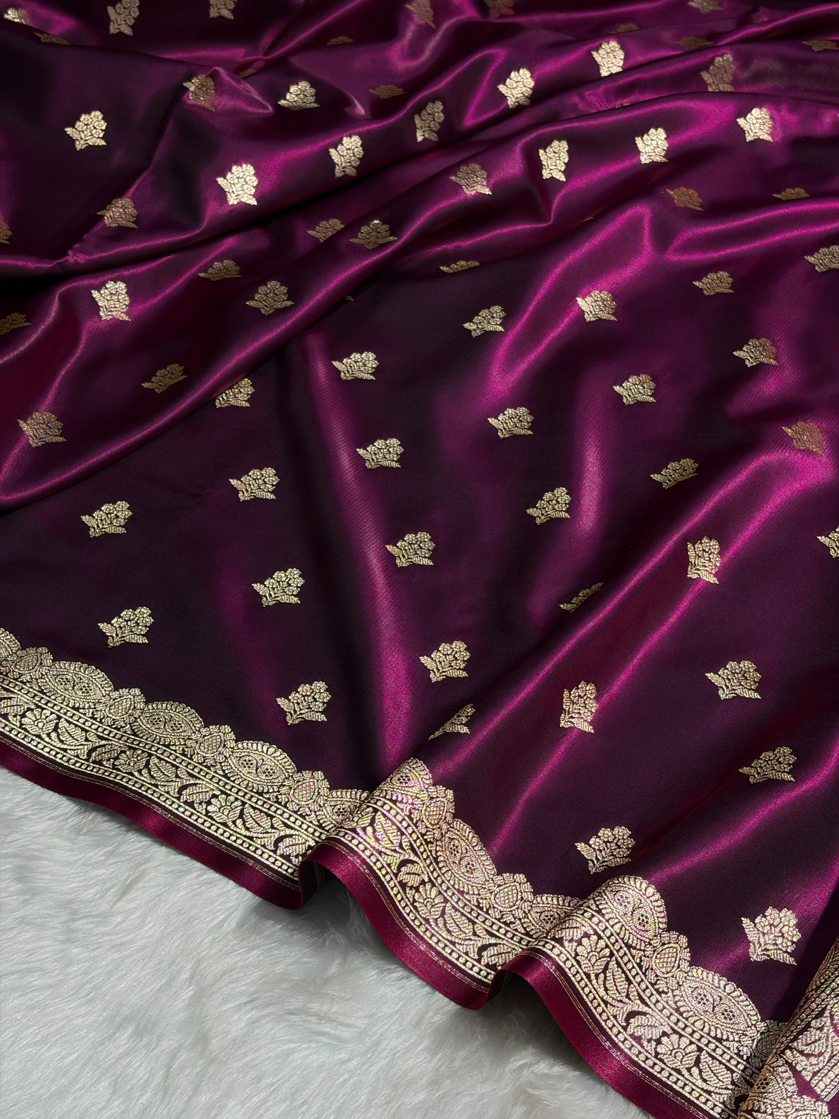 Light Wight Satin Silk Boota in Wine Shades with brocade Blouse SS07