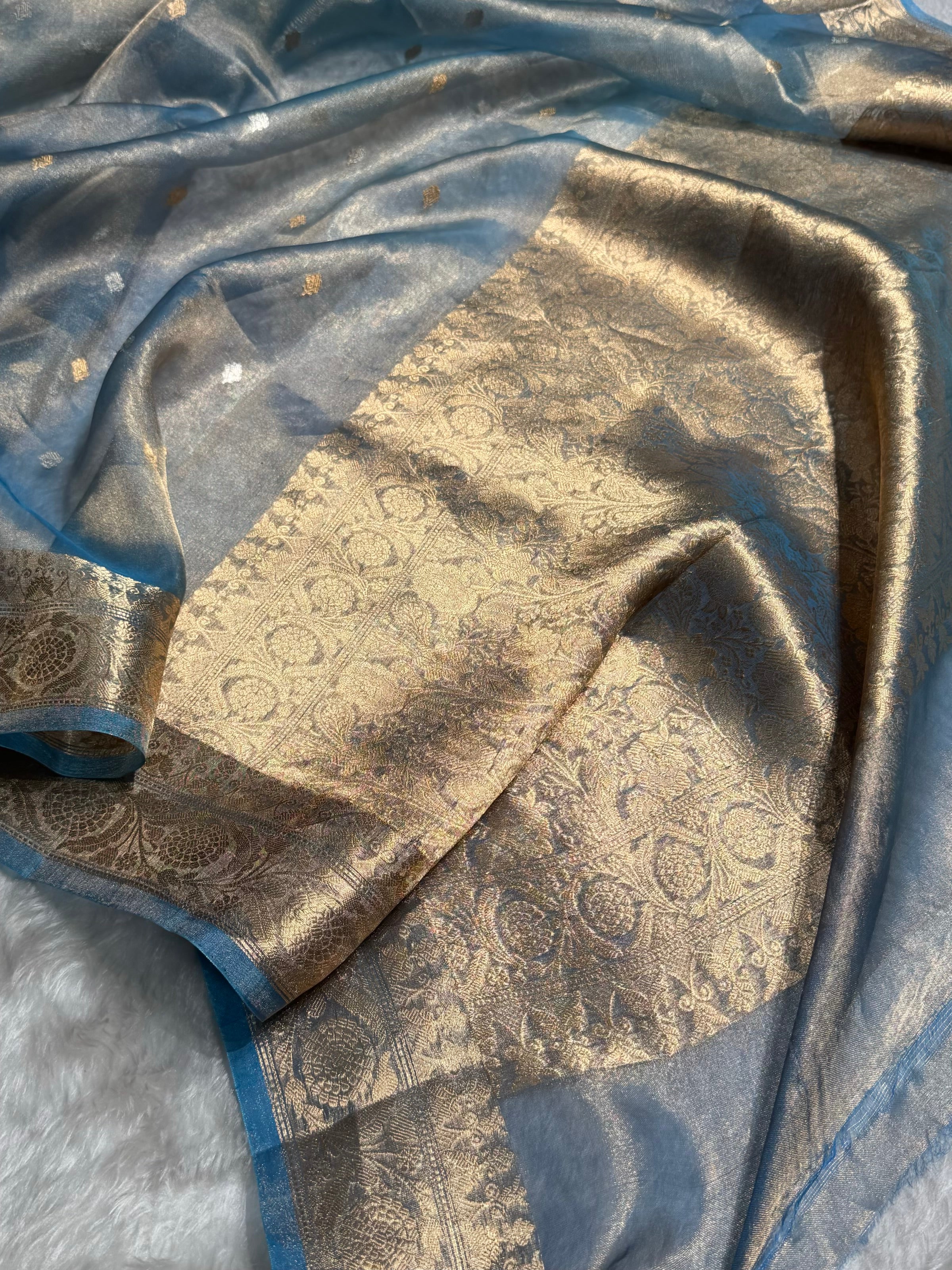 Pastel Blue Bananasi Floral Shades Pure Tissue Silk Saree PT-34