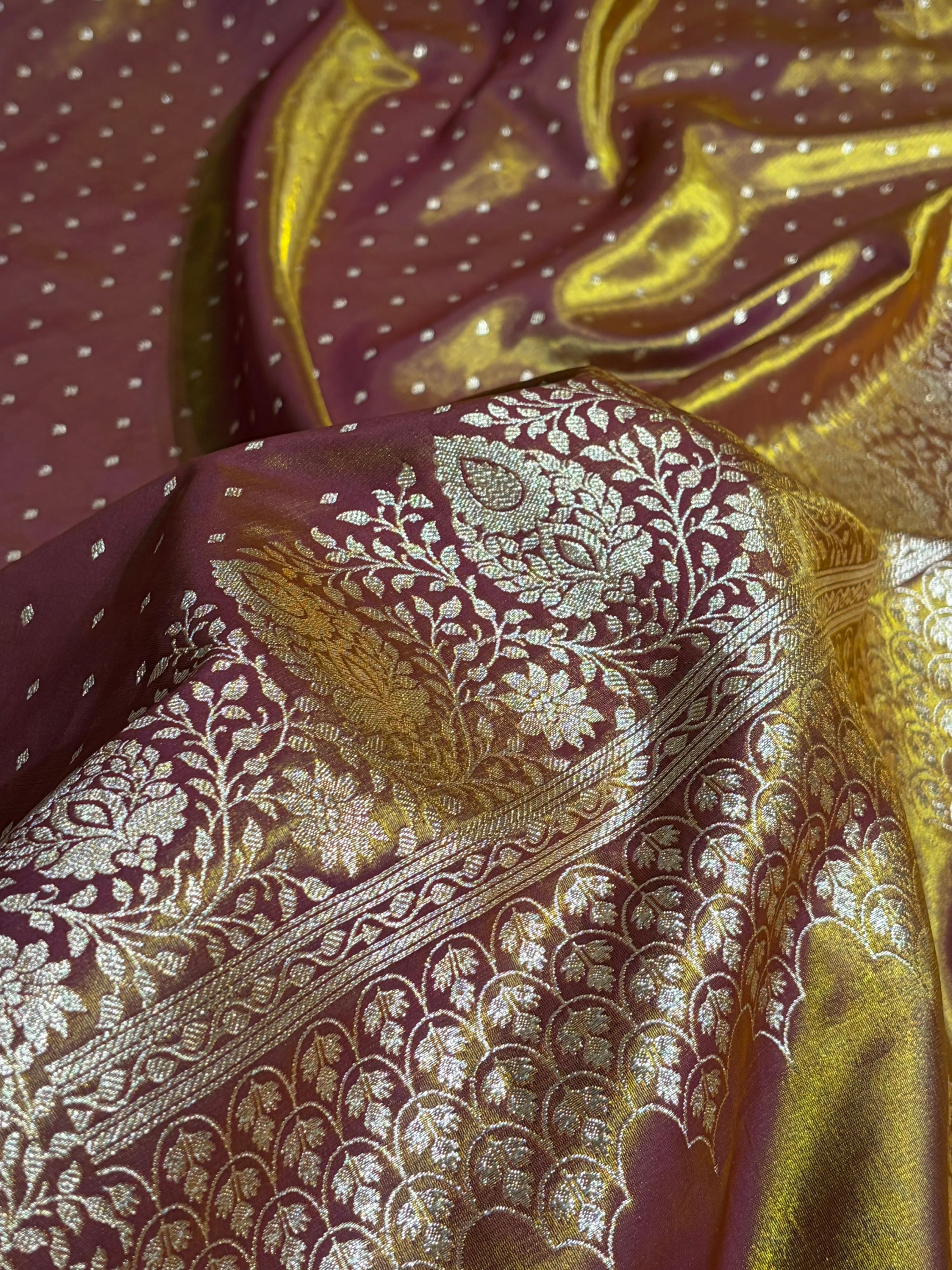 Satin Silk Saree Floral Boota in Magentic Gold Shades SS28