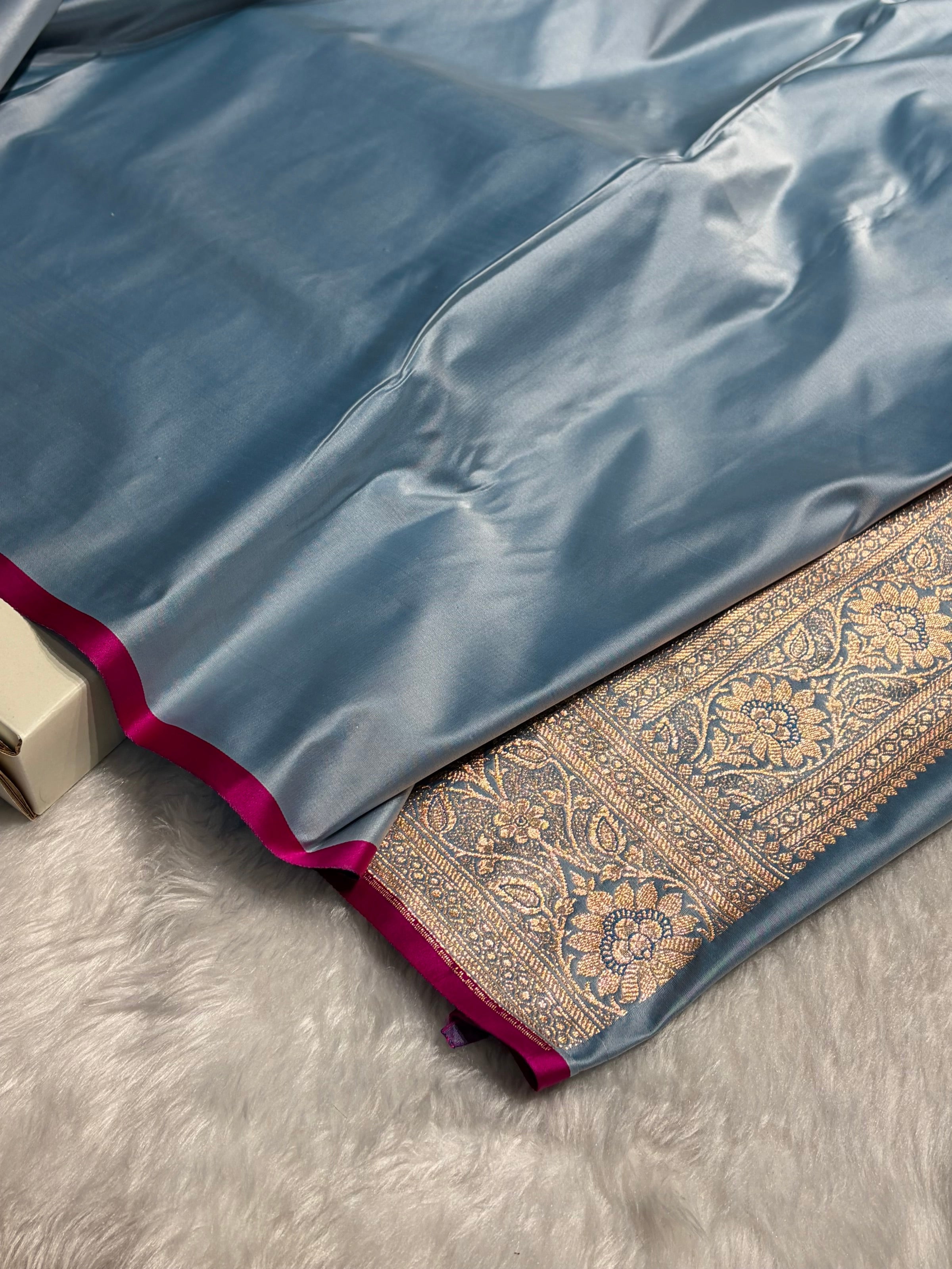 Banarasi Powder Blue Booti Satin katan Silk Saree SK11