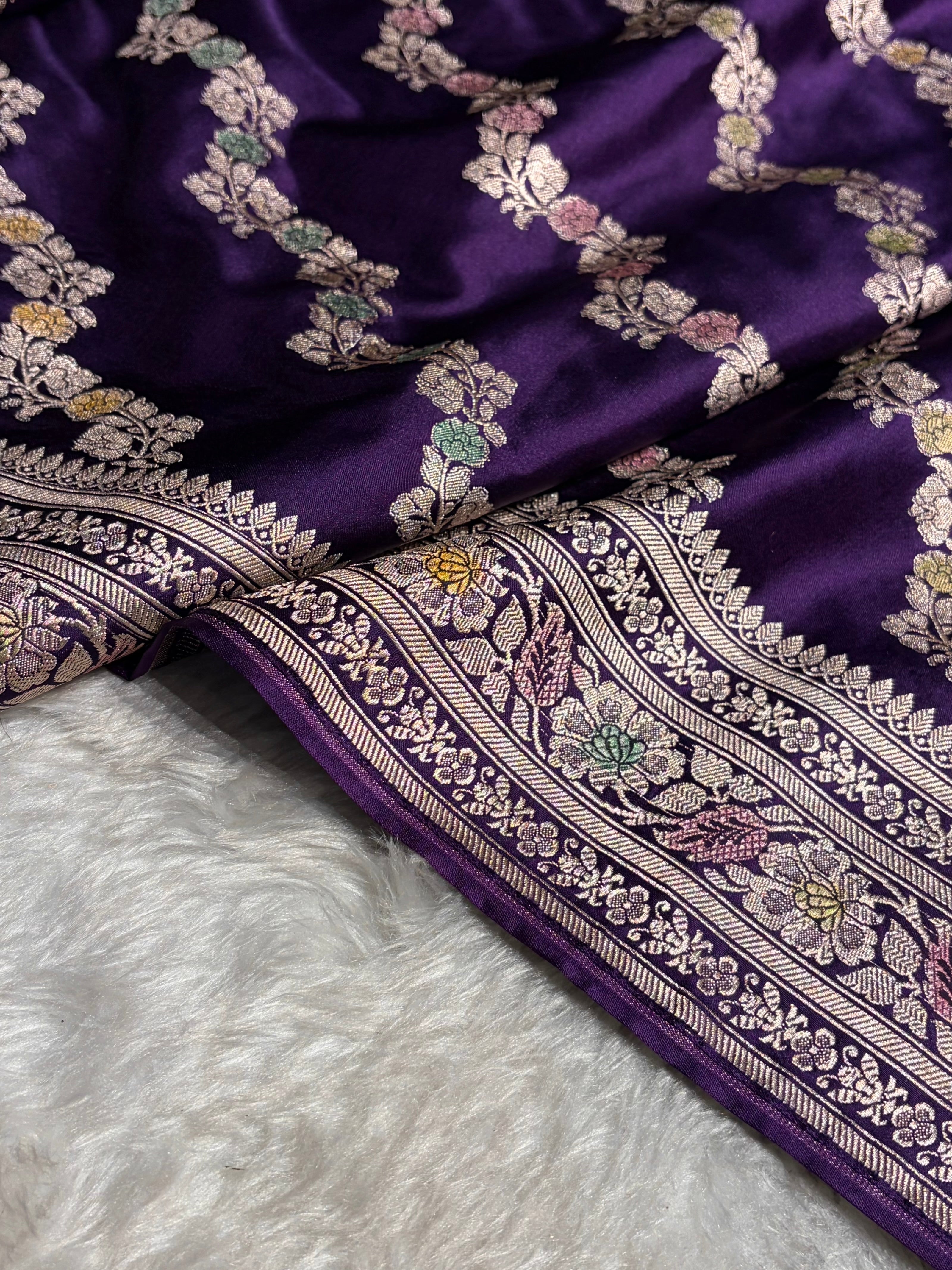 Purple Shades Banarasi Minakari Mashru Silk Saree With Cross Pattern MS02
