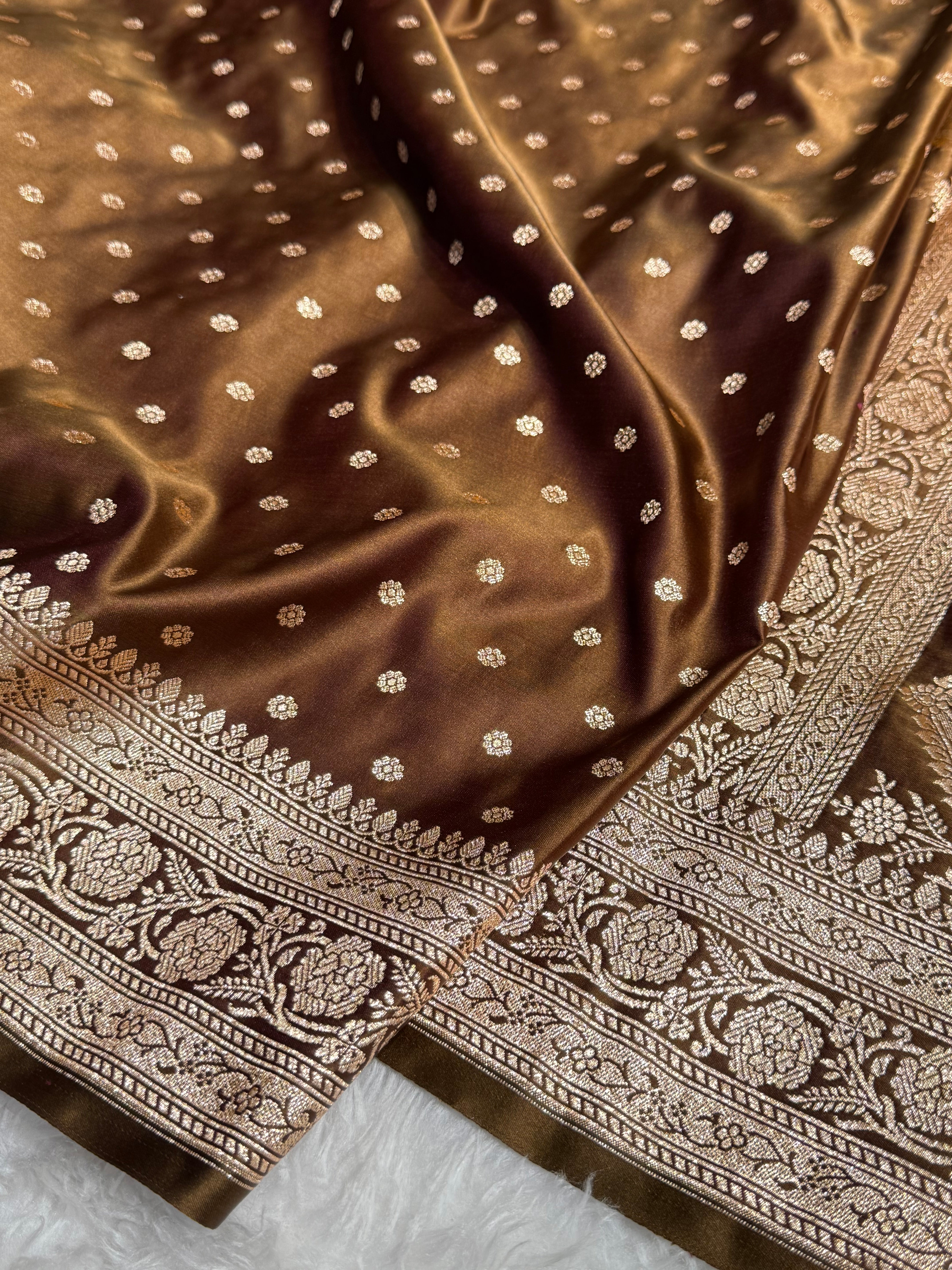 Cross Brown Booti Katan Silk Saree