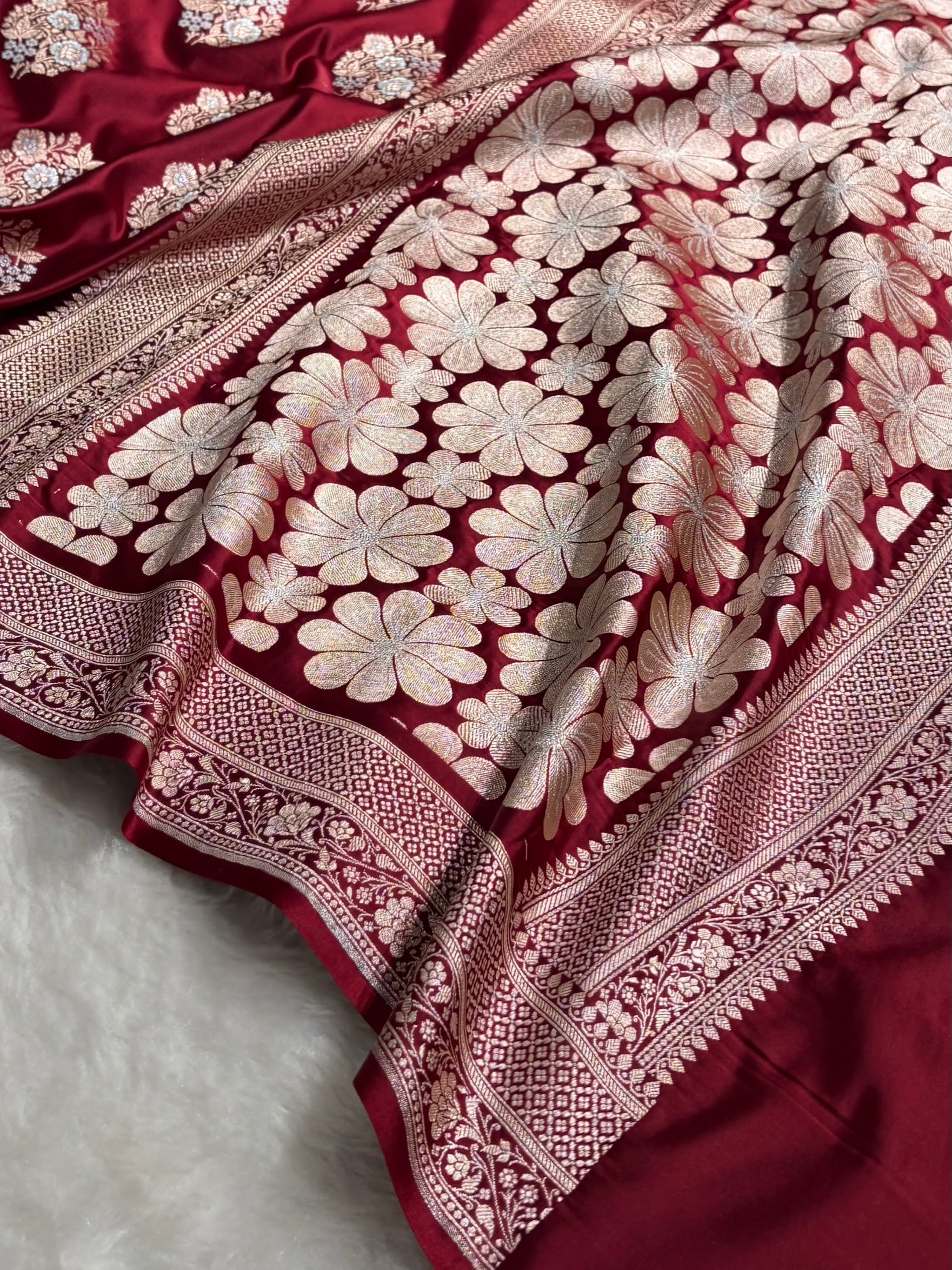 Premium Banarasi Satin Katan Saree With Minakari Boota in Maroon Shades SK93